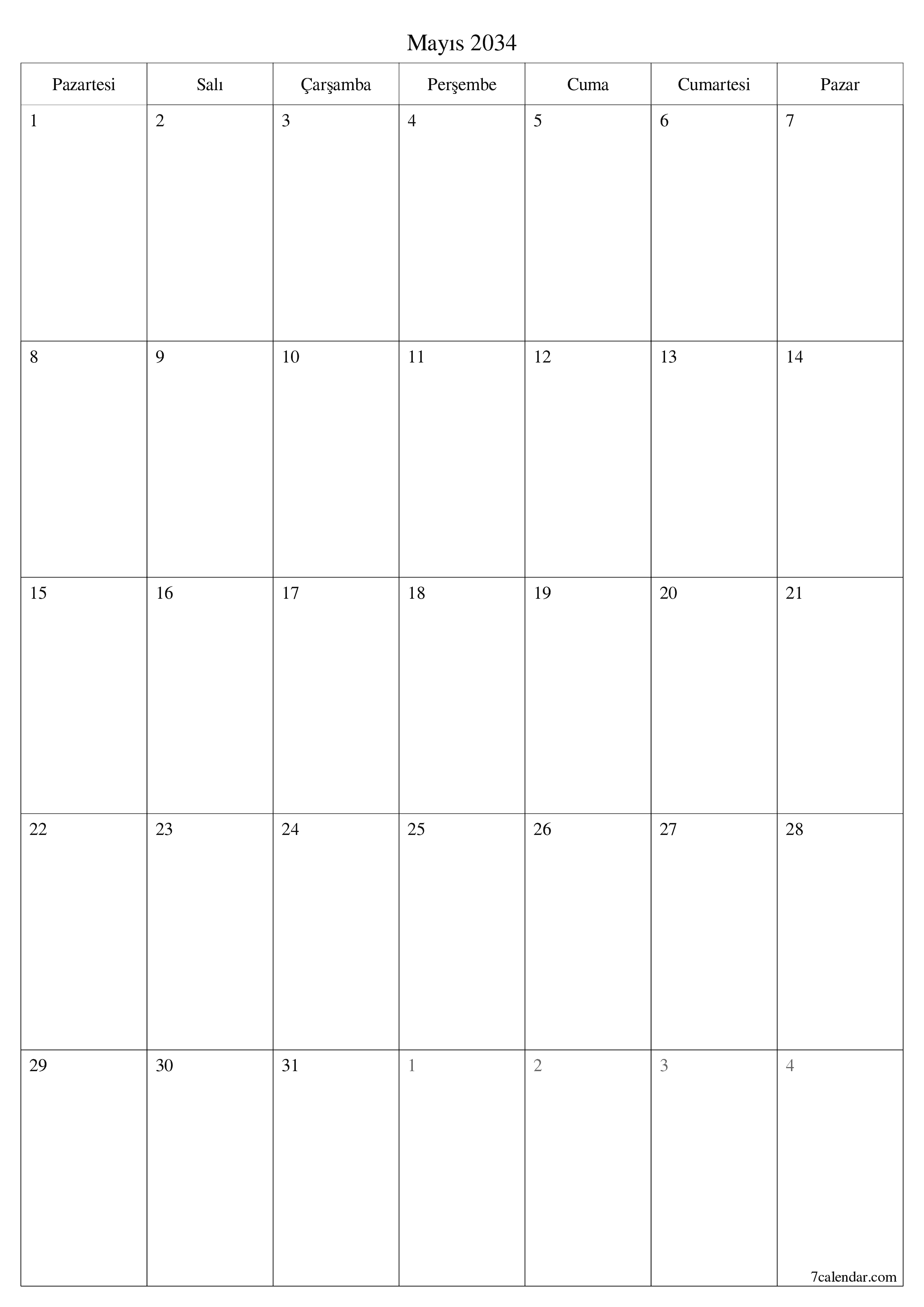 yazdırılabilir duvar i şablonu ücretsiz dikey Aylık planlayıcı takvim Mayıs (May) 2034