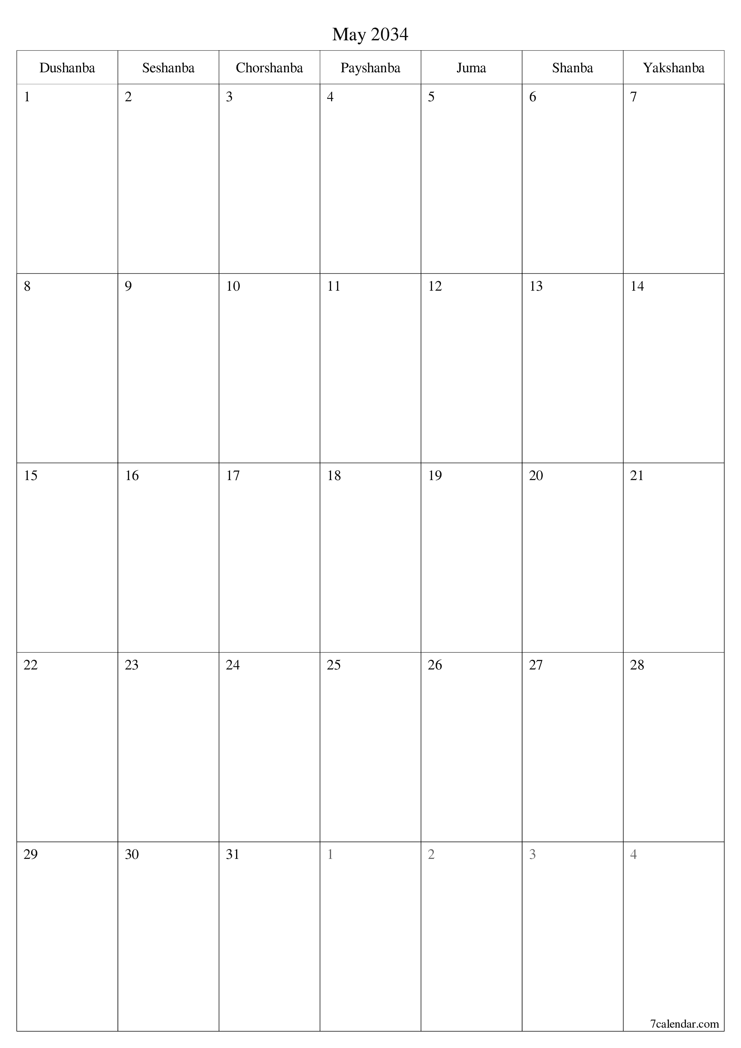 chop etiladigan devor taqvimi shabloni bepul vertikal Oylik rejalashtiruvchi kalendar May (May) 2034