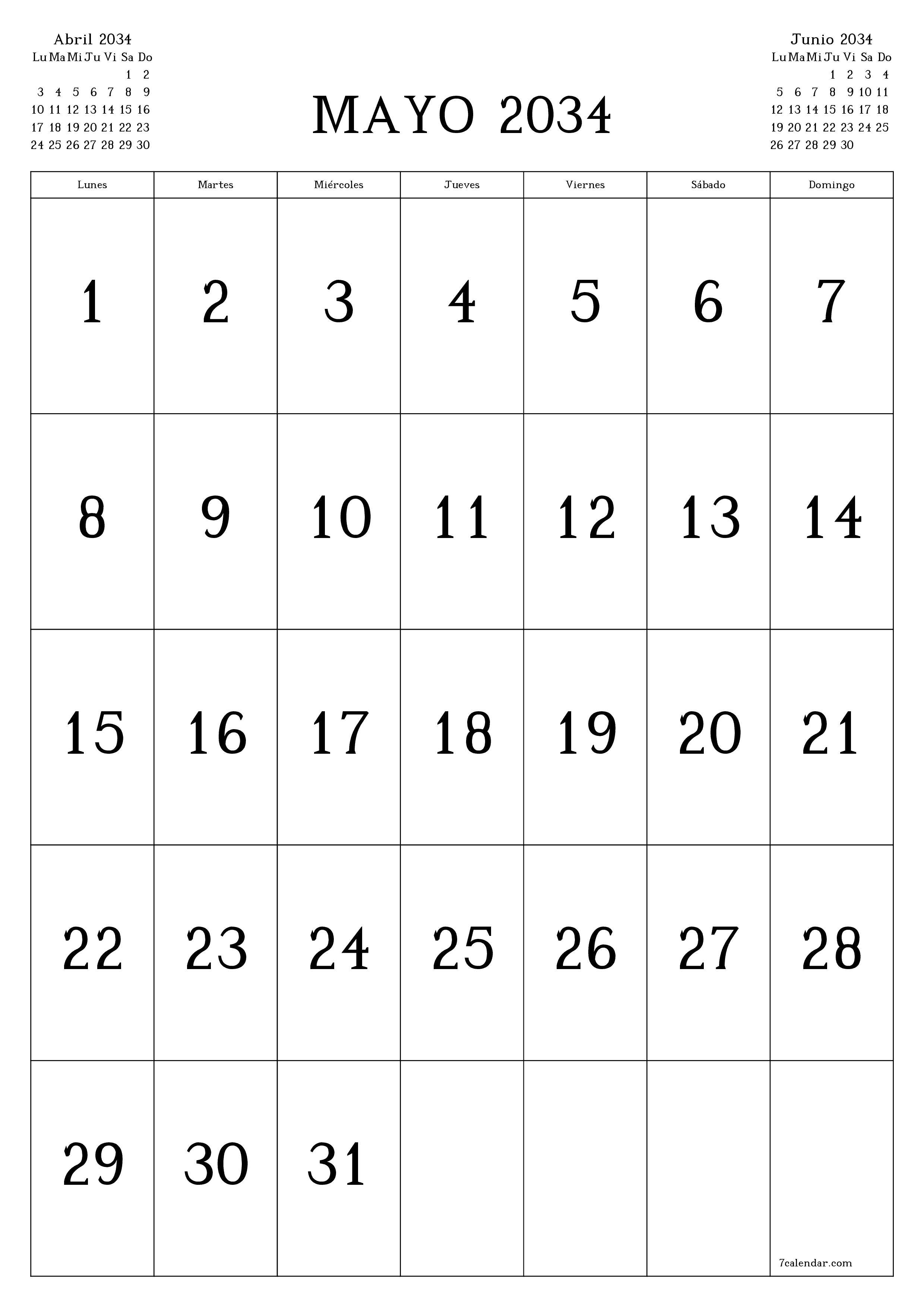  imprimible de pared plantilla de gratisvertical Mensual calendario Mayo (May) 2034