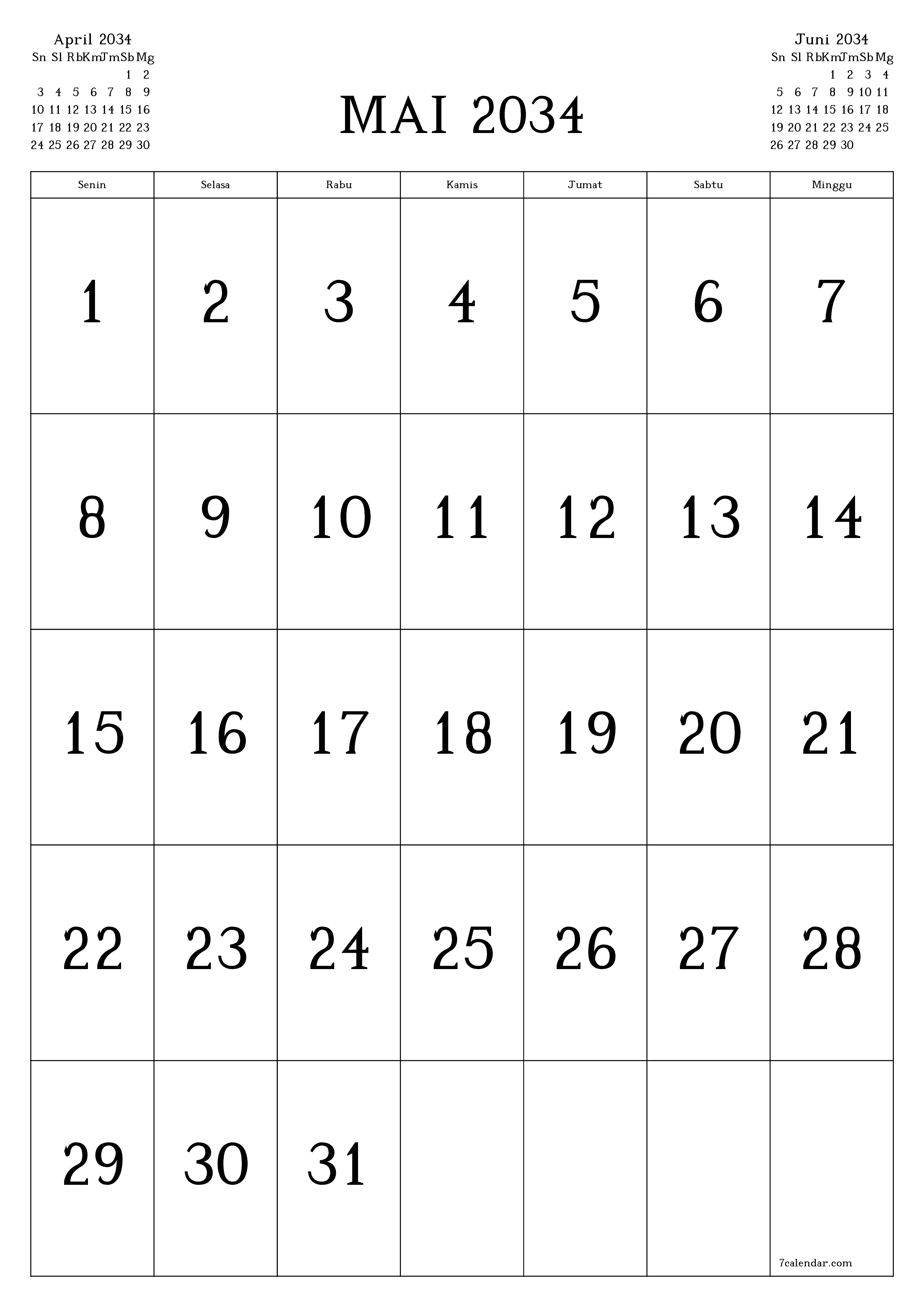  yang dapat dicetak dinding templat gratisvertikal Bulanan kalender Mai (Mai) 2034