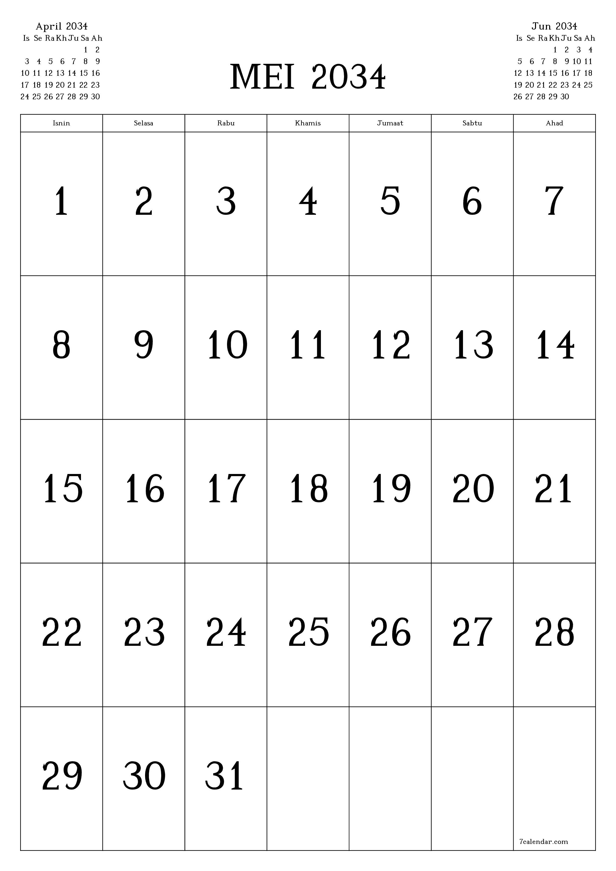  boleh cetak dinding templat percumamenegak Bulanan kalendar Mei (Mei) 2034