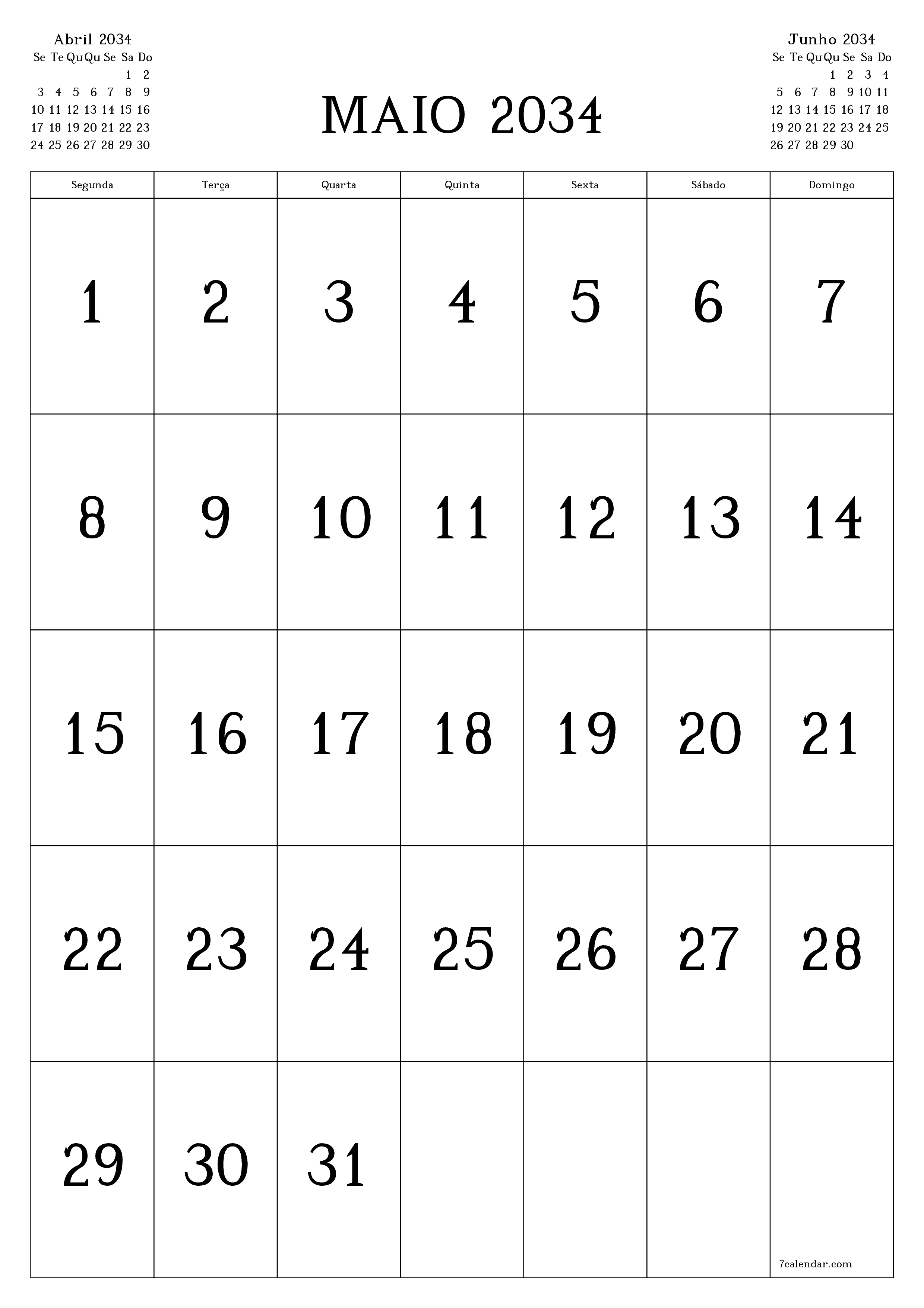  para impressão de parede modelo de grátisvertical Mensal calendário Maio (Mai) 2034