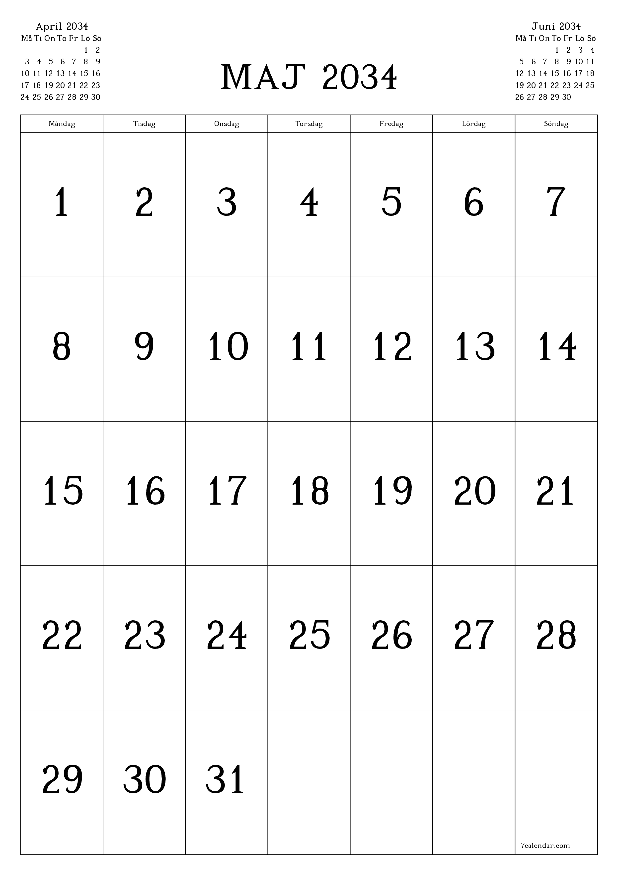 utskrivbar vägg mall gratis vertikal Månatlig kalender Maj (Maj) 2034