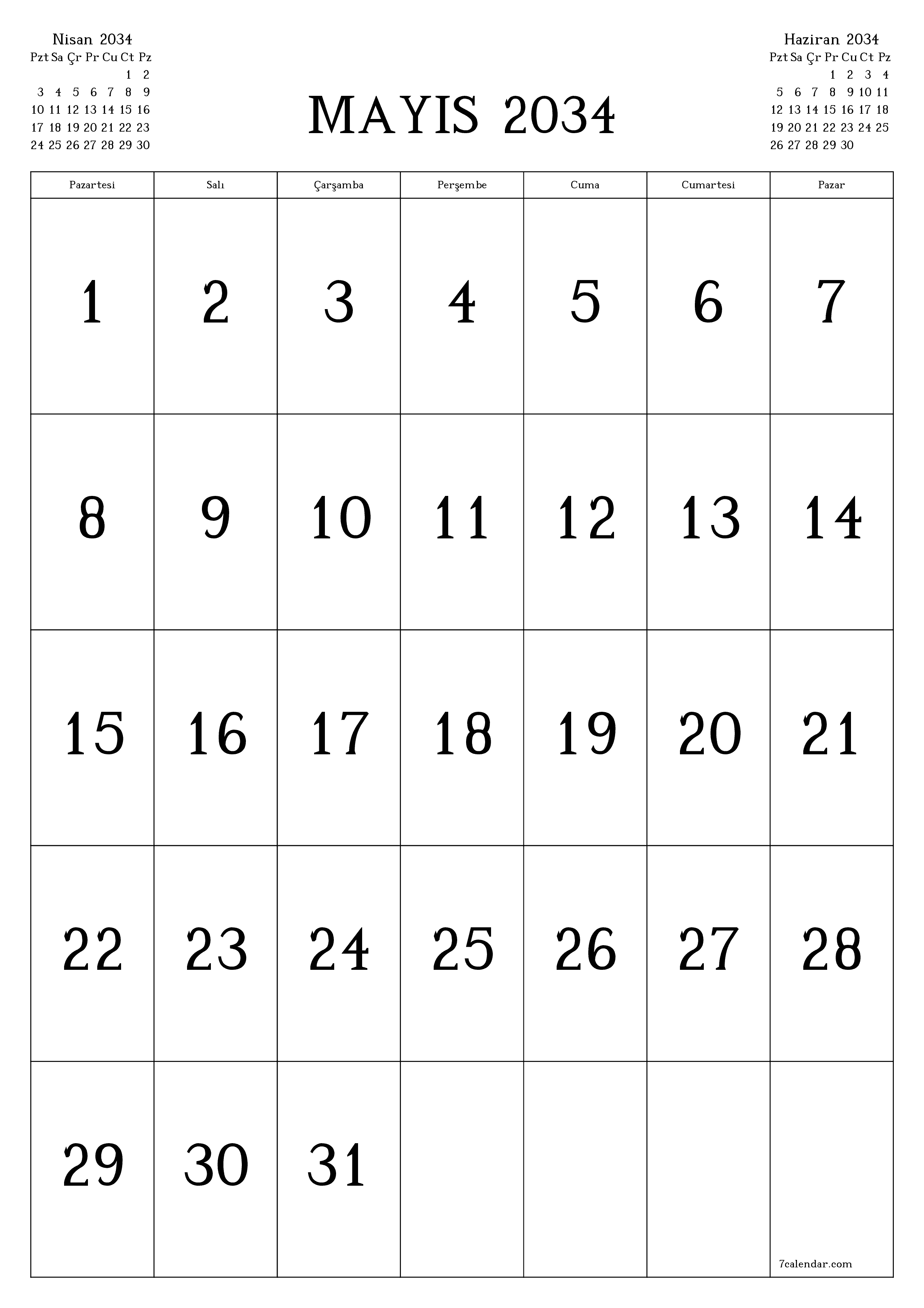 yazdırılabilir duvar i şablonu ücretsiz dikey Aylık takvim Mayıs (May) 2034