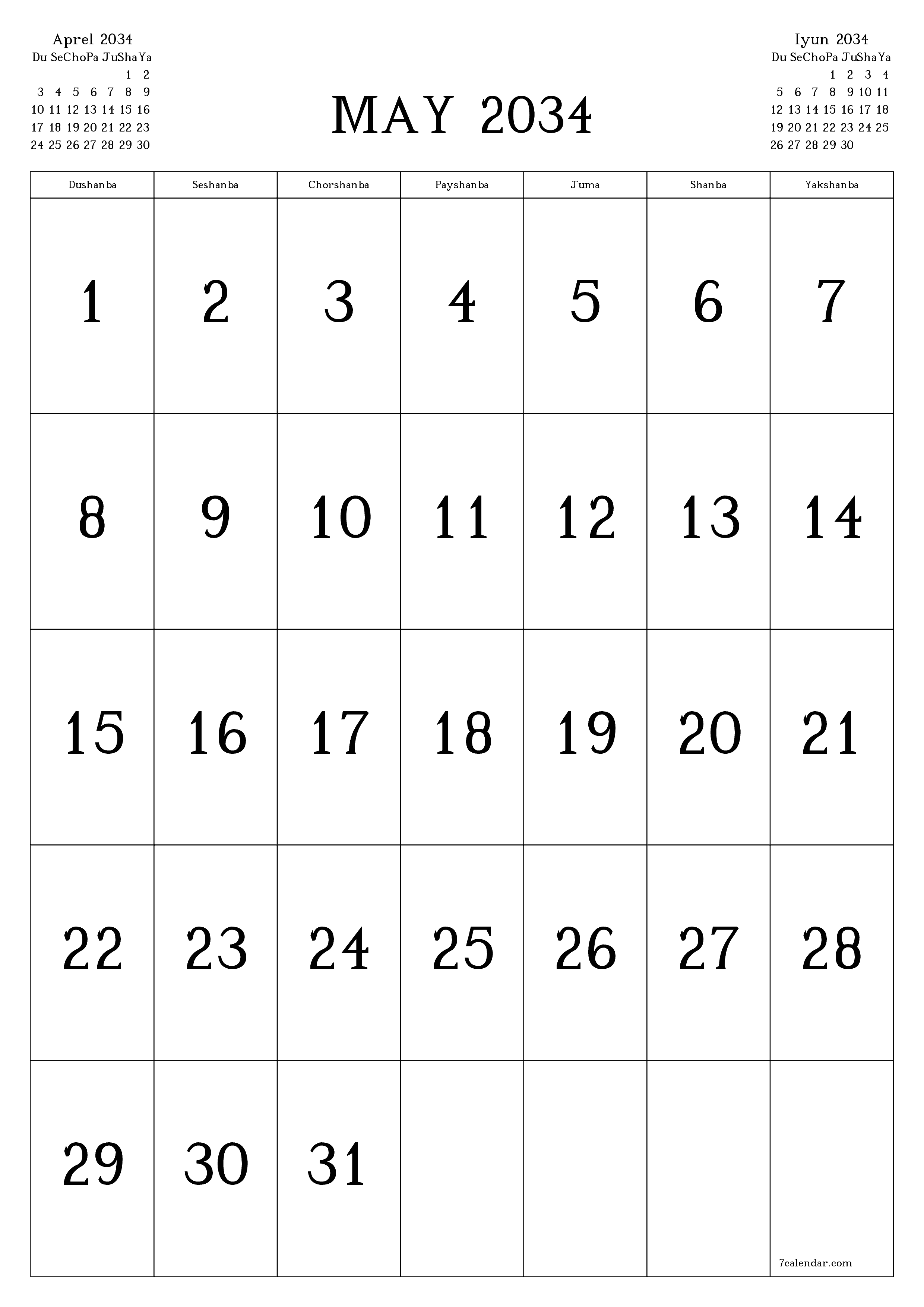 chop etiladigan devor taqvimi shabloni bepul vertikal Oylik kalendar May (May) 2034