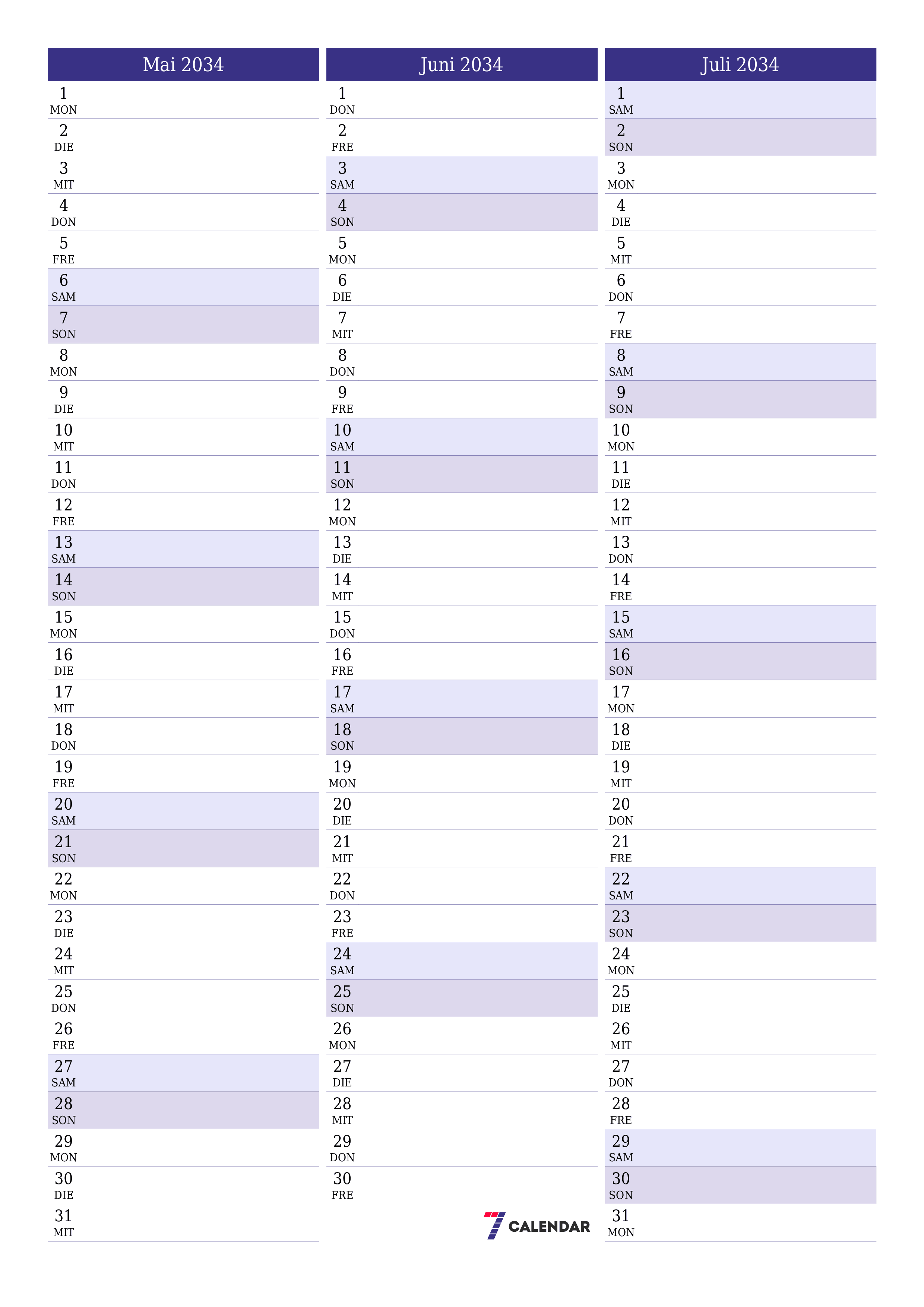 Monatsplaner für Monat Mai 2034 mit Notizen leeren, speichern und als PDF PNG German - 7calendar.com drucken