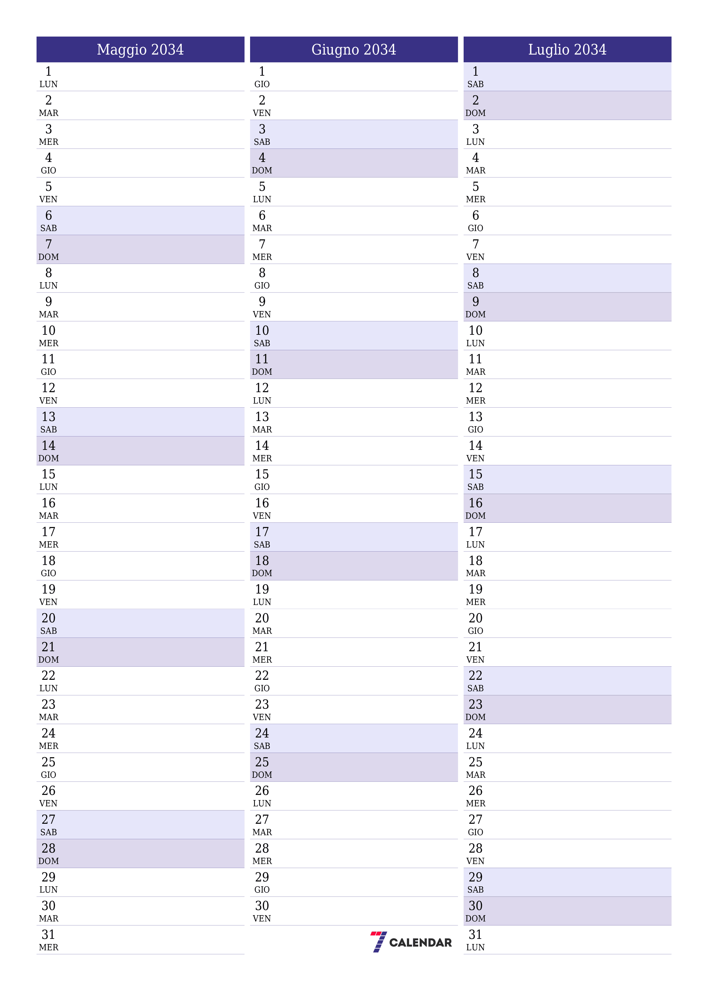 Pianificatore mensile vuoto per il mese Maggio 2034 con note, salva e stampa in PDF PNG Italian