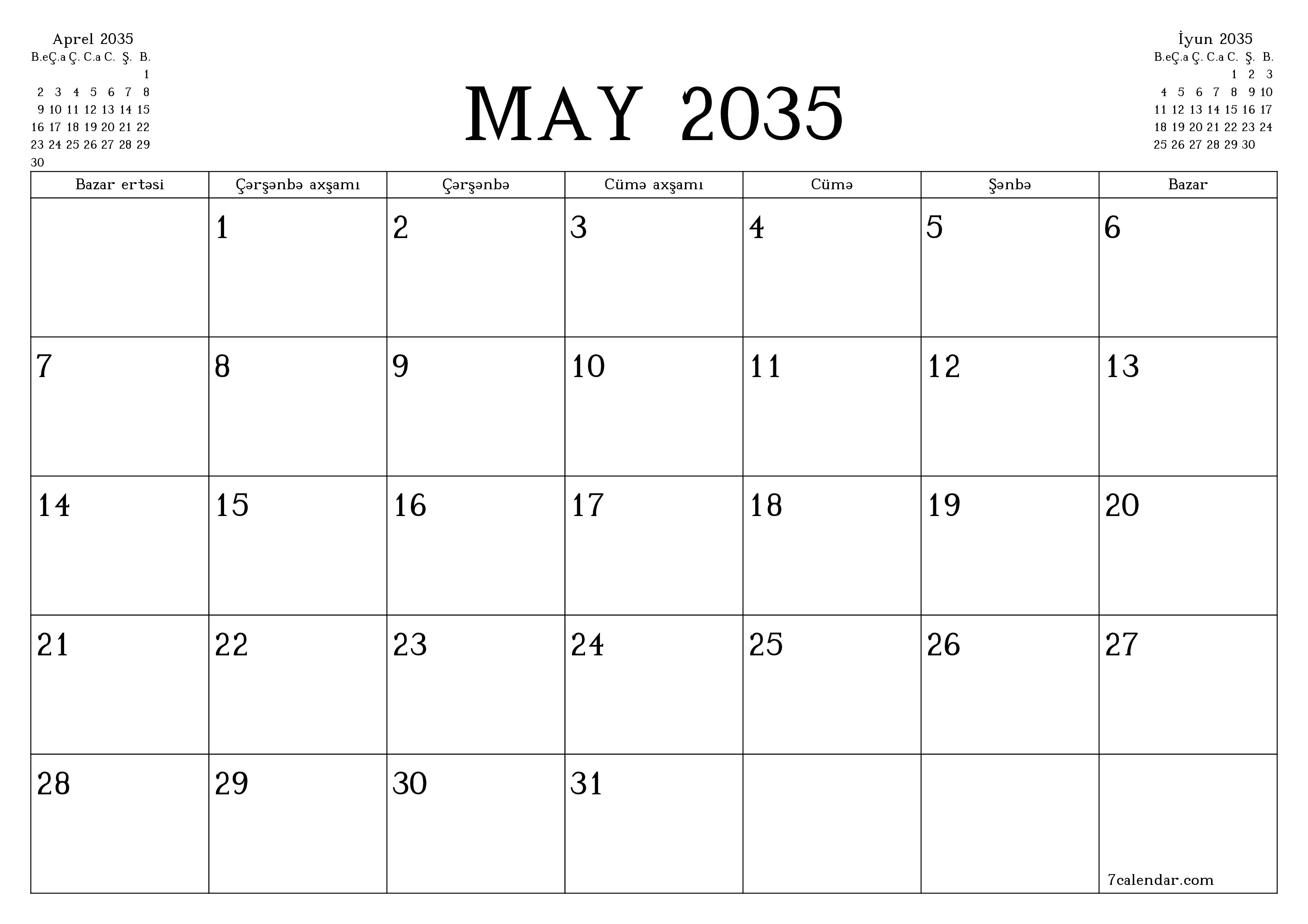May 2035 ayı üçün qeydlər ilə boş aylıq planlayıcı, qeyd edin və PDF-ə yazdırın PNG Azerbaijani
