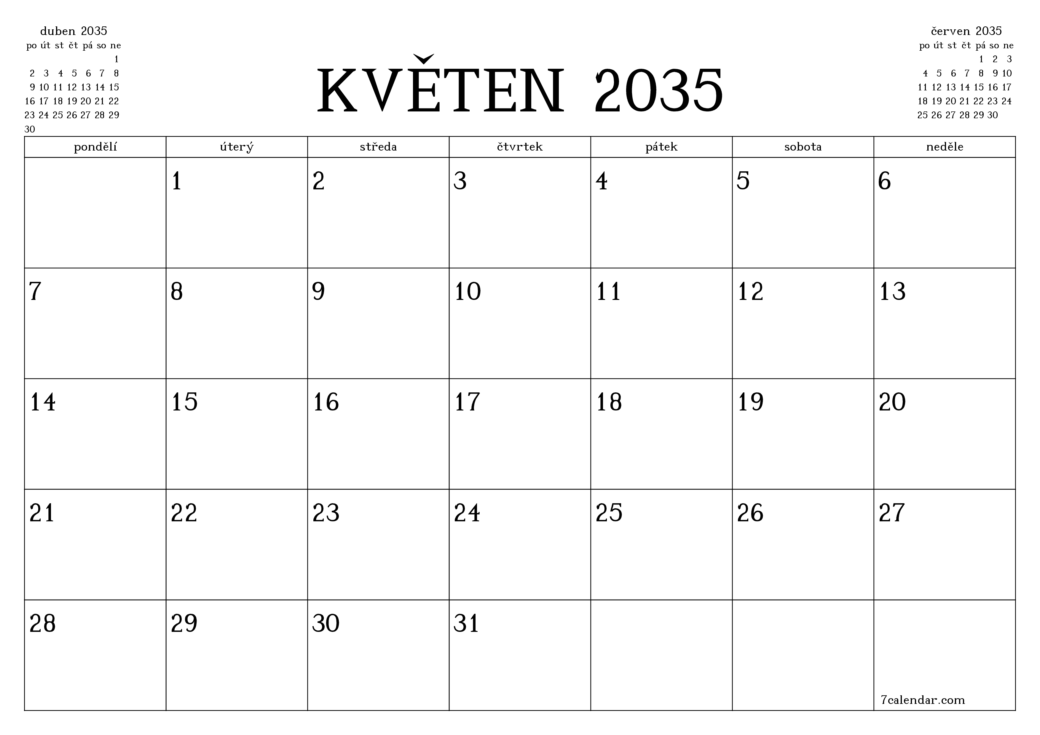 Vyprázdnit měsíční plánovač na měsíc květen 2035 s poznámkami, uložit a vytisknout do PDF PNG Czech