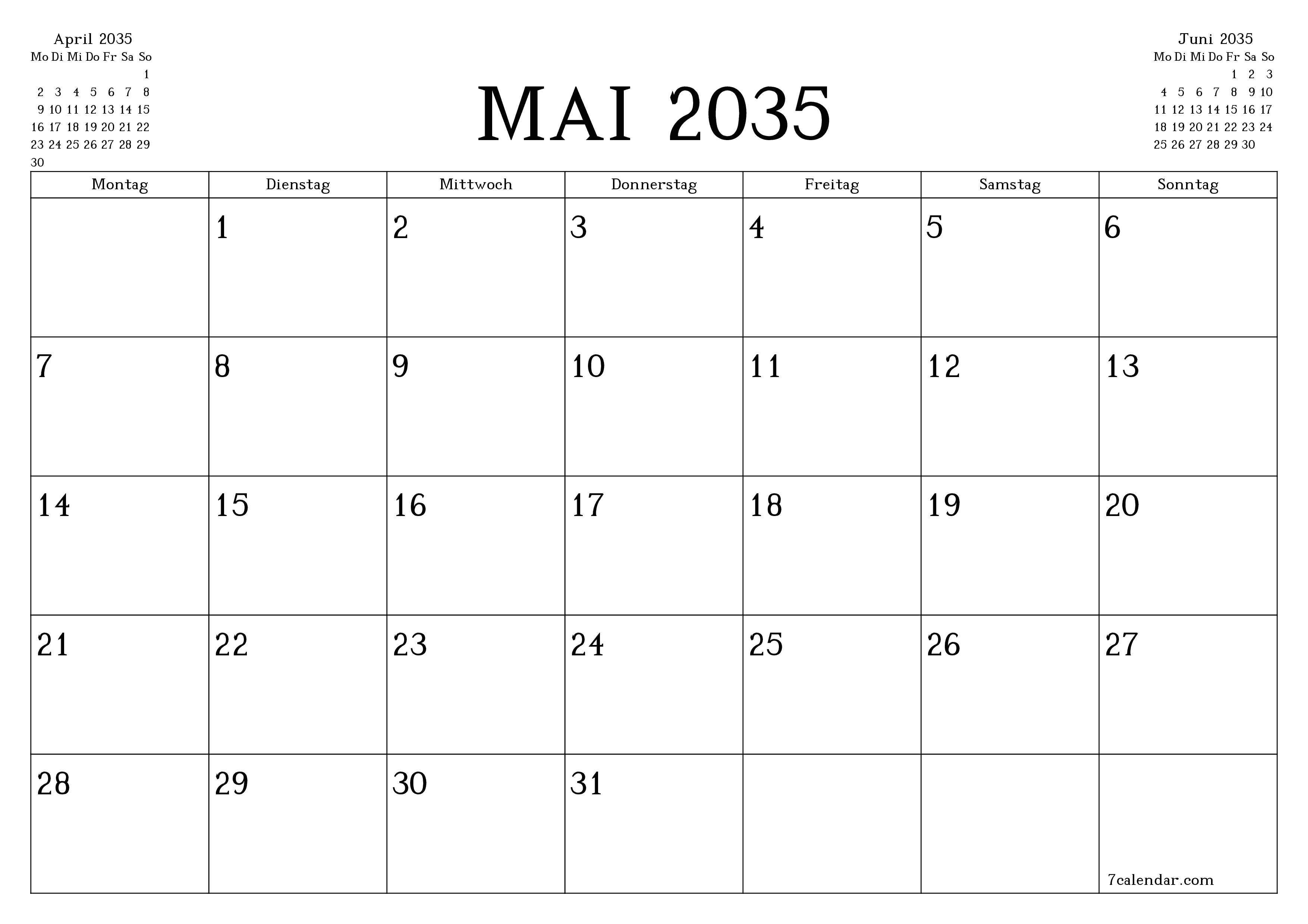 Monatsplaner für Monat Mai 2035 mit Notizen leeren, speichern und als PDF PNG German - 7calendar.com drucken