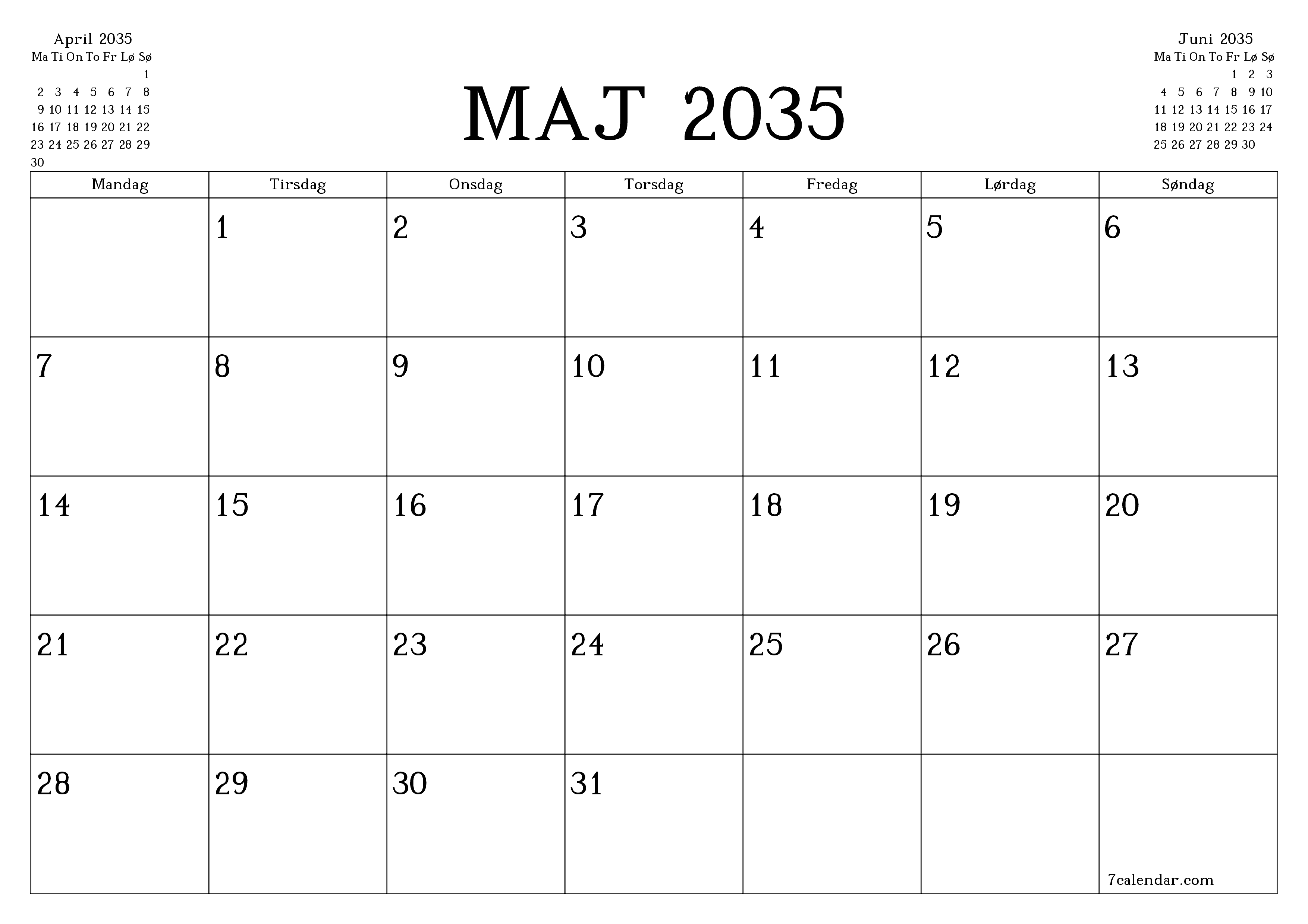 Tom månedlig planlægning for måned Maj 2035 med noter, gem og udskriv til PDF PNG Danish