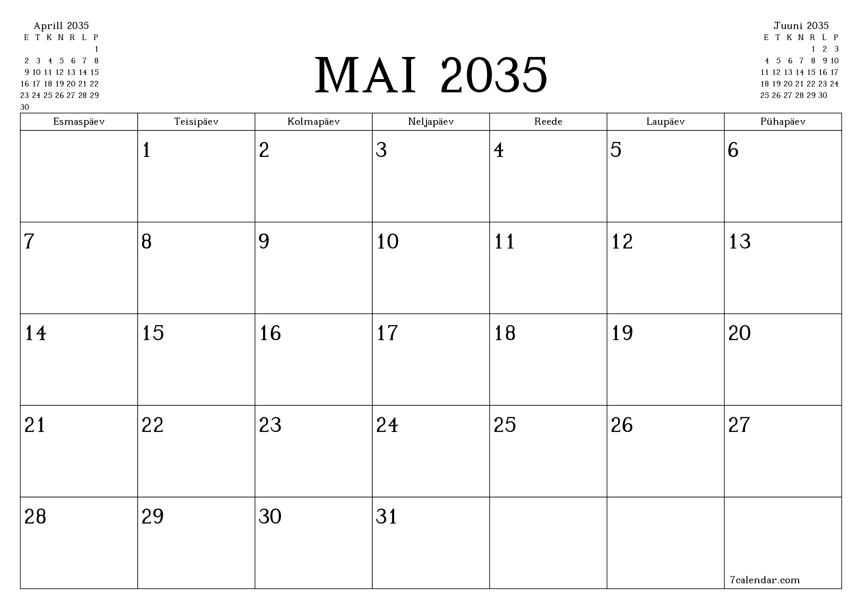 Tühjendage kuu Mai 2035 kuuplaneerija märkmetega, salvestage ja printige PDF-i PNG Estonian