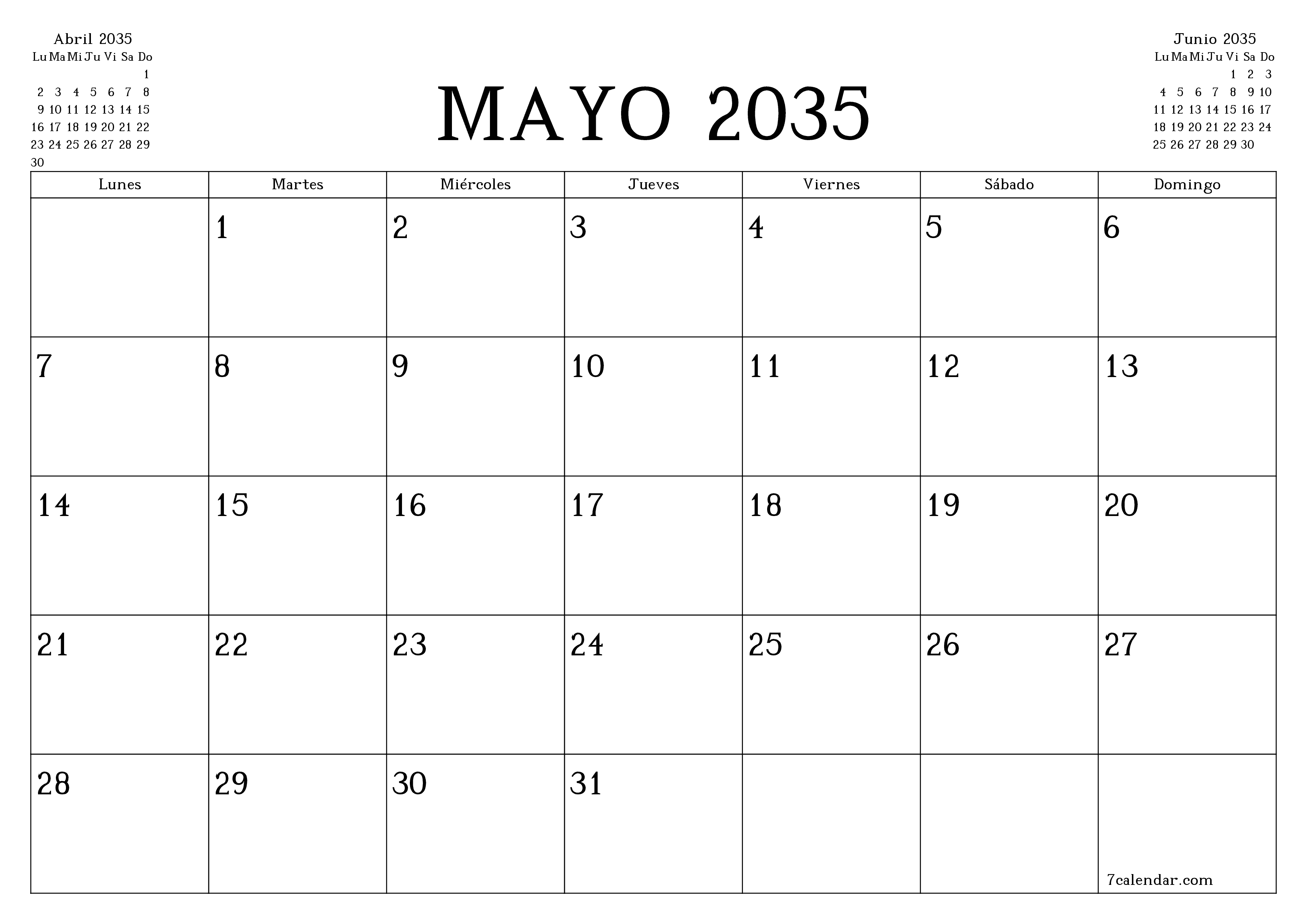 Planificador mensual vacío para el mes Mayo 2035 con notas, guardar e imprimir en PDF PNG Spanish