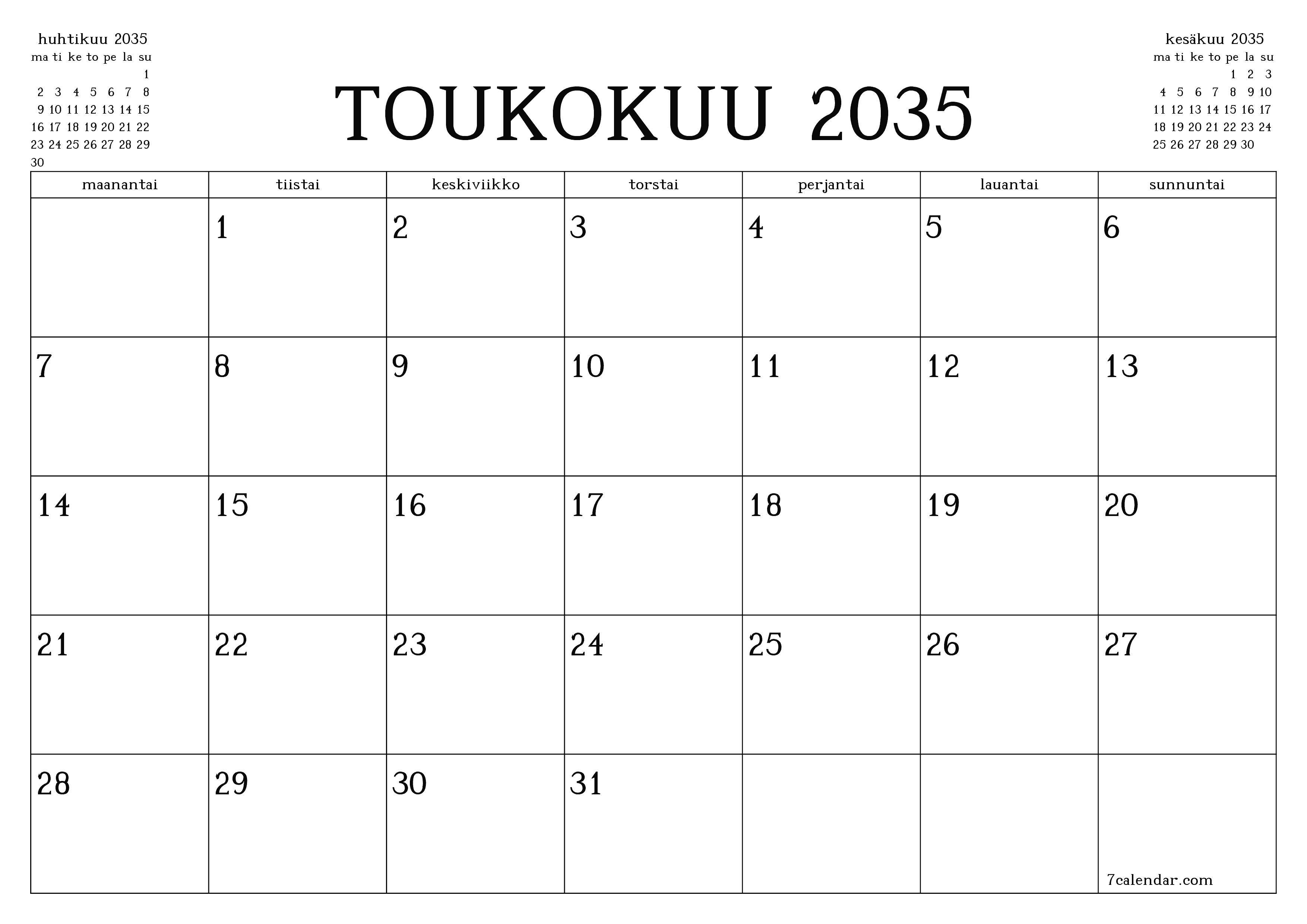 Tyhjennä kuukausittainen suunnittelija kuukaudelle Toukokuu 2035 muistiinpanoilla, tallenna ja tulosta PDF-muotoon PNG Finnish