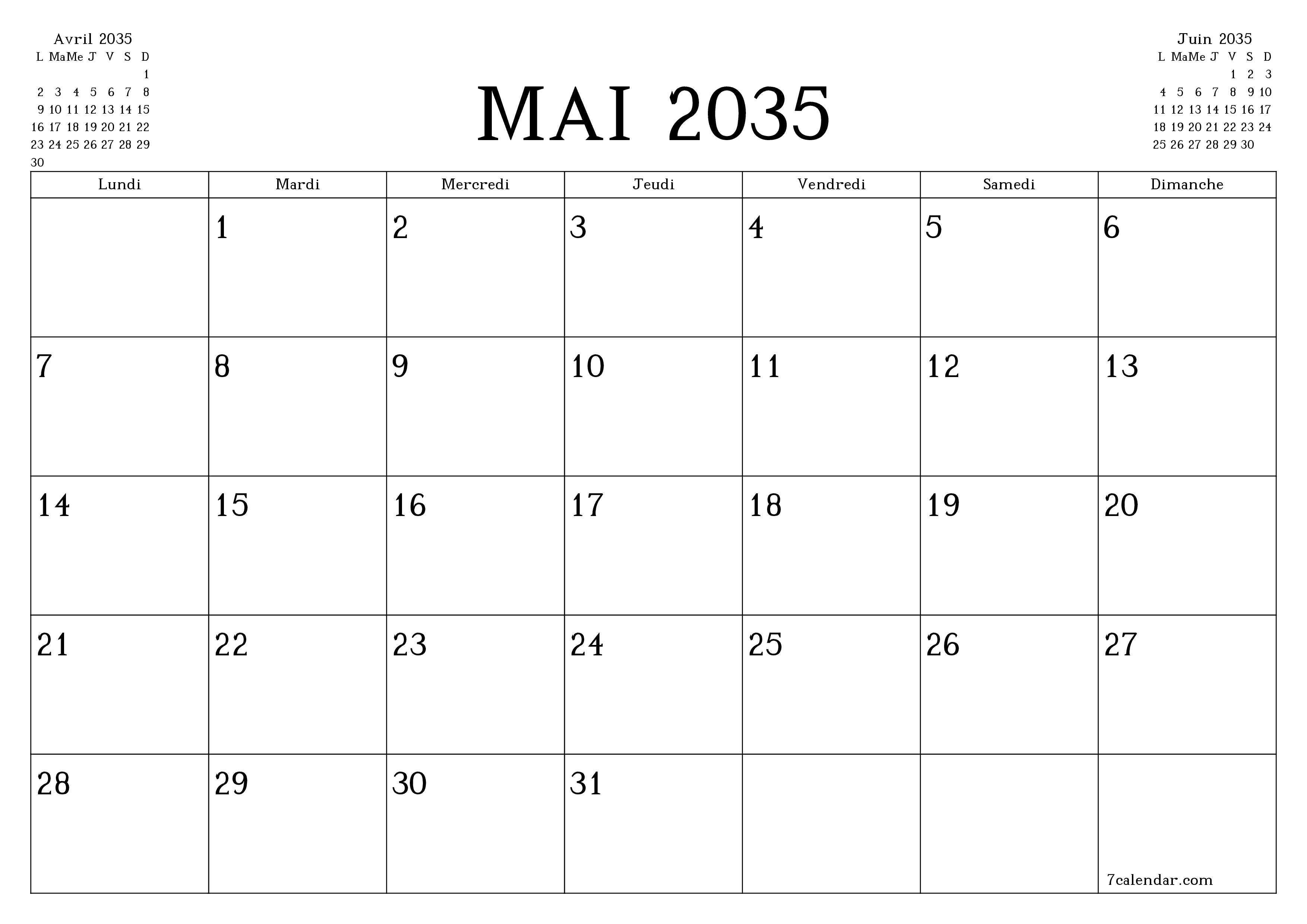 Agenda mensuel vide pour le mois Mai 2035 avec notes, enregistrez et imprimez au format PDF PNG French