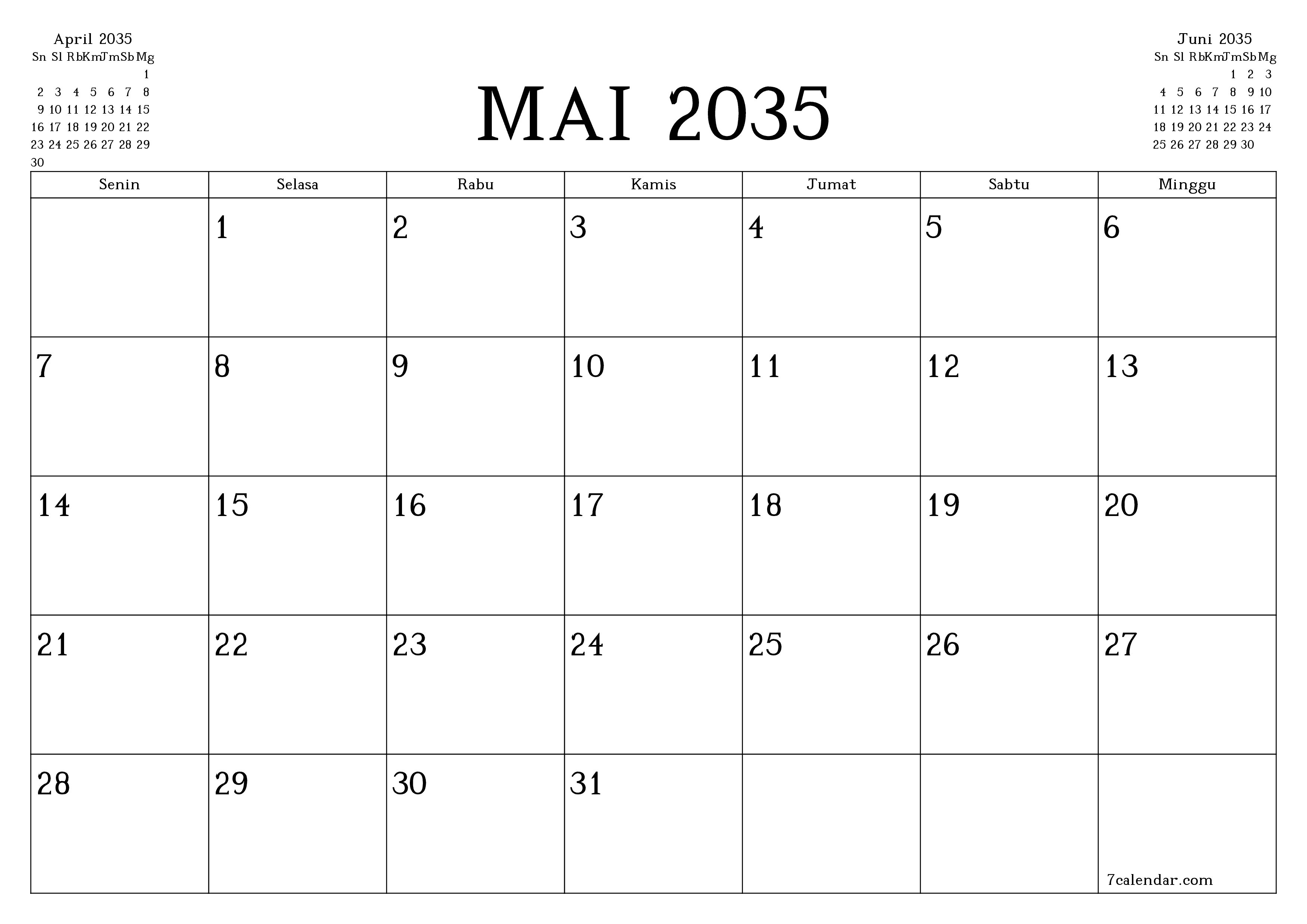 Kosongkan agenda bulanan untuk bulan Mai 2035 dengan catatan, simpan dan cetak ke PDF PNG Indonesian