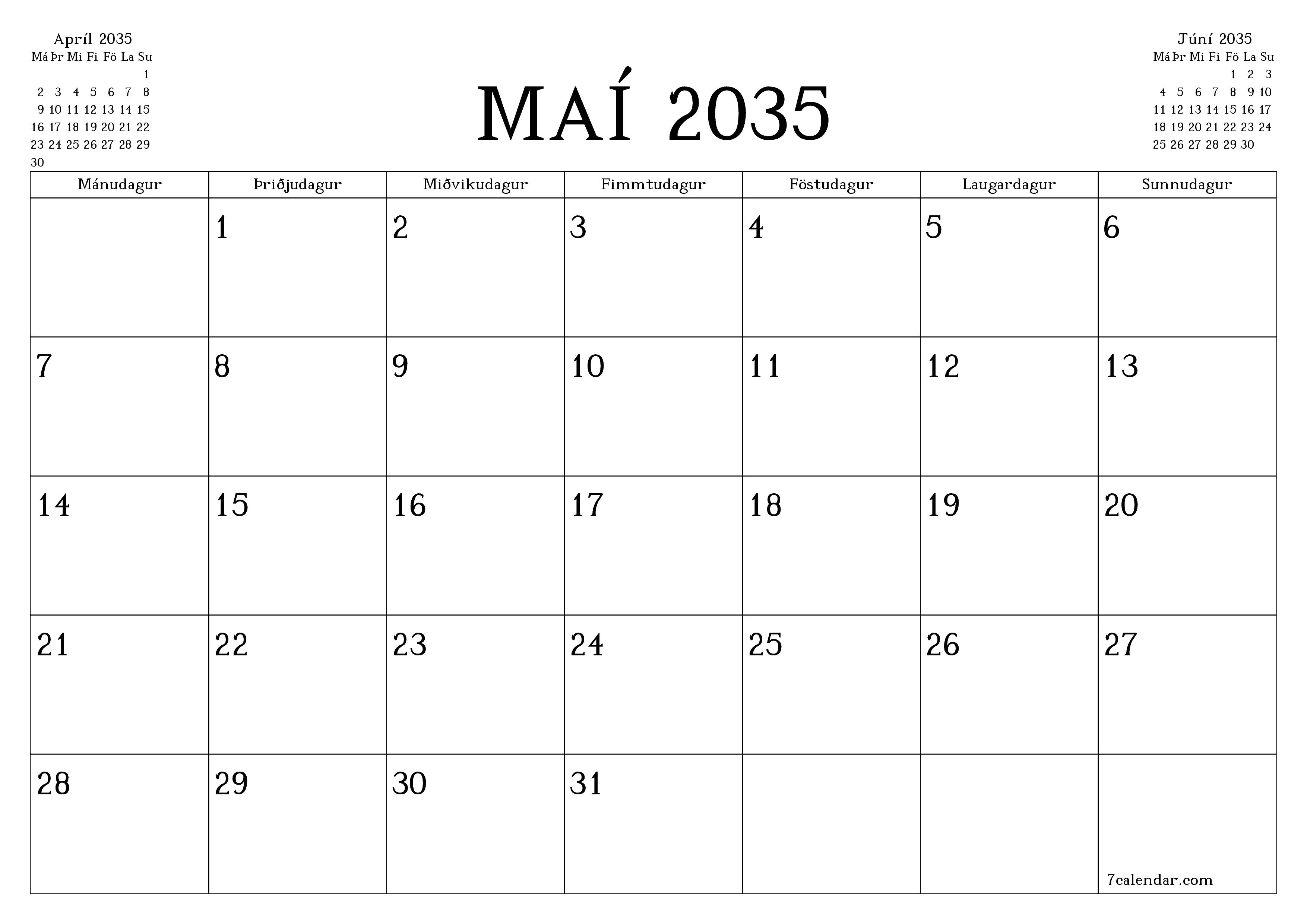 Tómur mánaðarlegur skipuleggjandi fyrir mánuðinn Maí 2035 með athugasemdum, vista og prenta á PDF PNG Icelandic