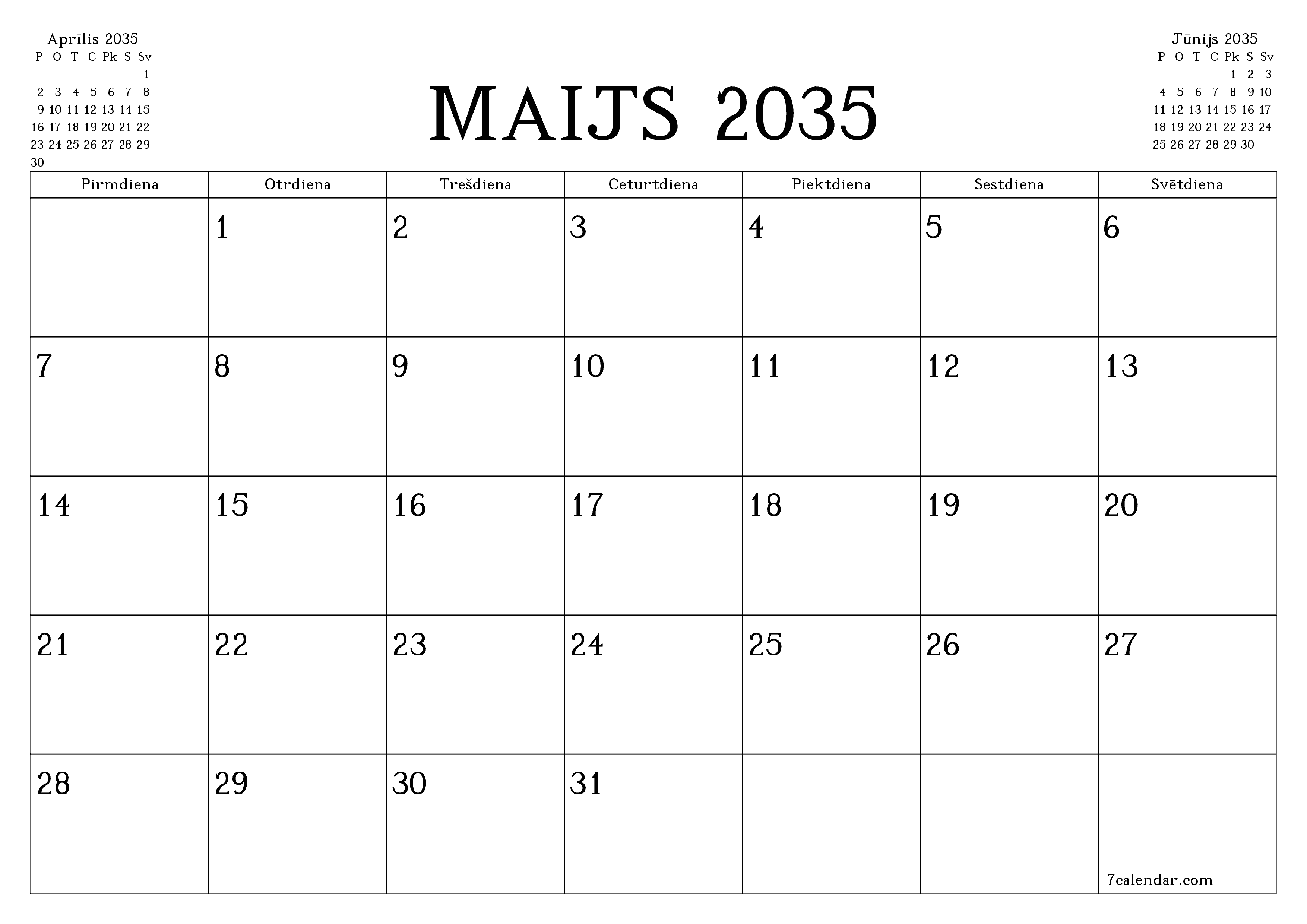 Iztukšot mēneša plānotāju mēnesim Maijs 2035 ar piezīmēm, saglabāt un izdrukāt PDF formātā PNG Latvian
