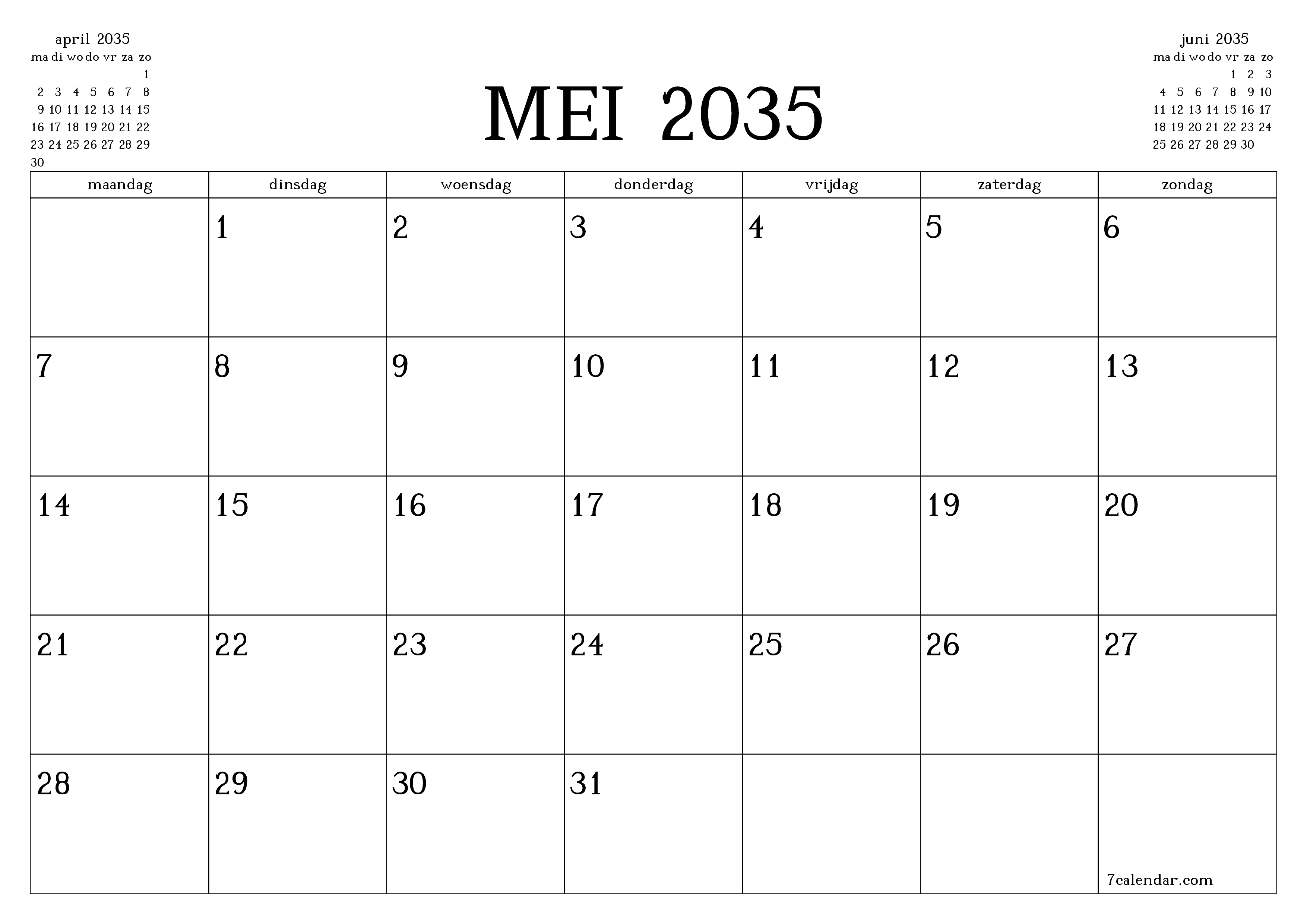 Lege maandplanner voor maand mei 2035 met notities, opslaan en afdrukken naar pdf PNG Dutch