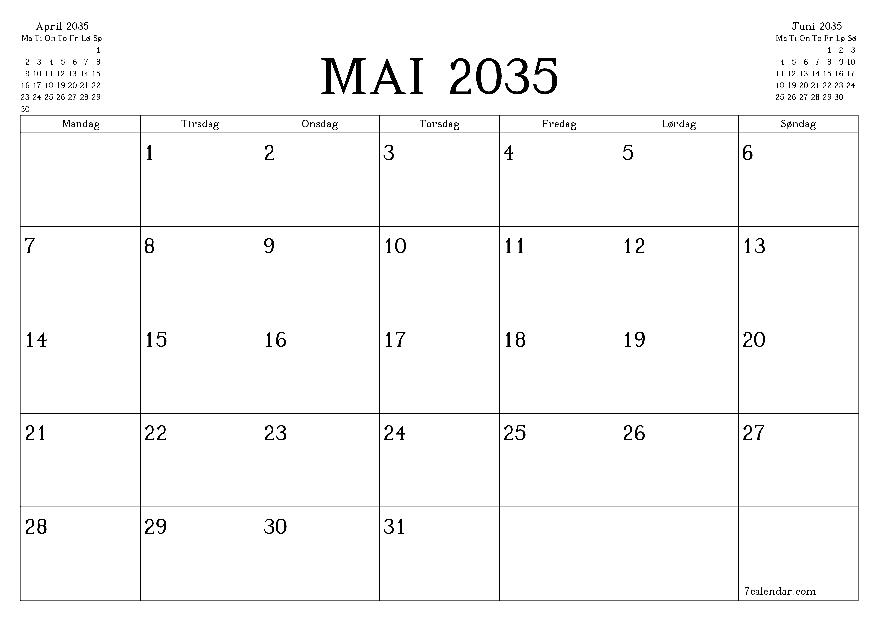 Tom månedlig planlegger for måned Mai 2035 med notater, lagre og skriv ut til PDF PNG Norwegian