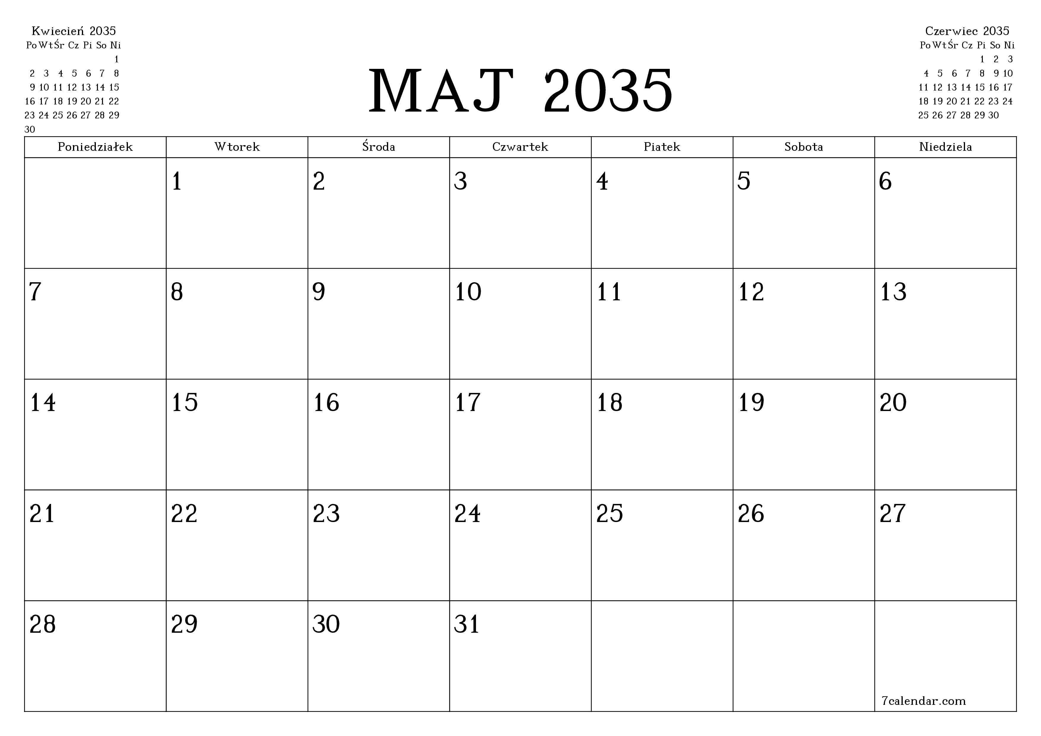 Opróżnij miesięczny planer na miesiąc Maj 2035 z notatkami, zapisz i wydrukuj w formacie PDF PNG Polish