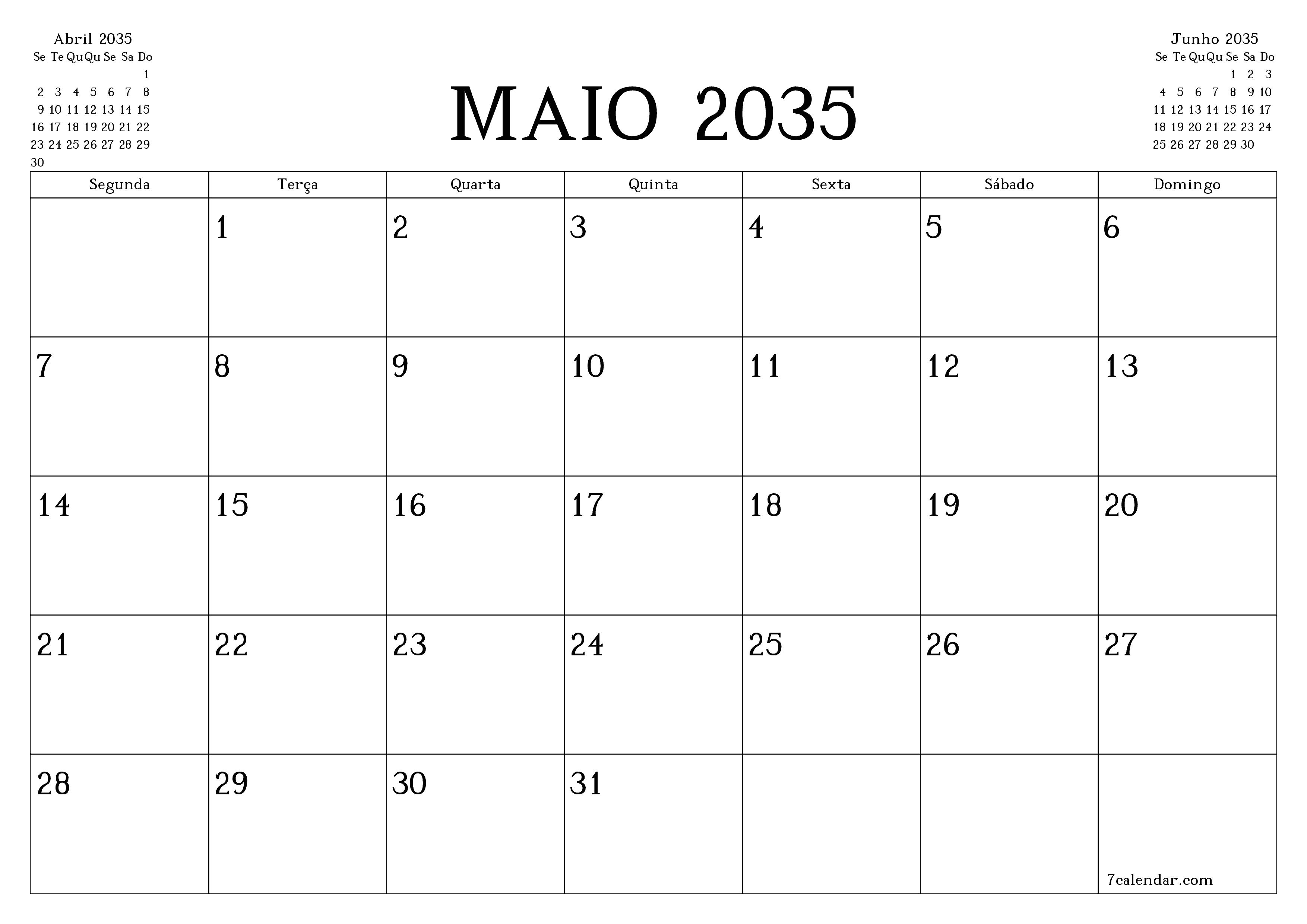 Esvazie o planejador mensal para o mês Maio 2035 com notas, salve e imprima em PDF PNG Portuguese