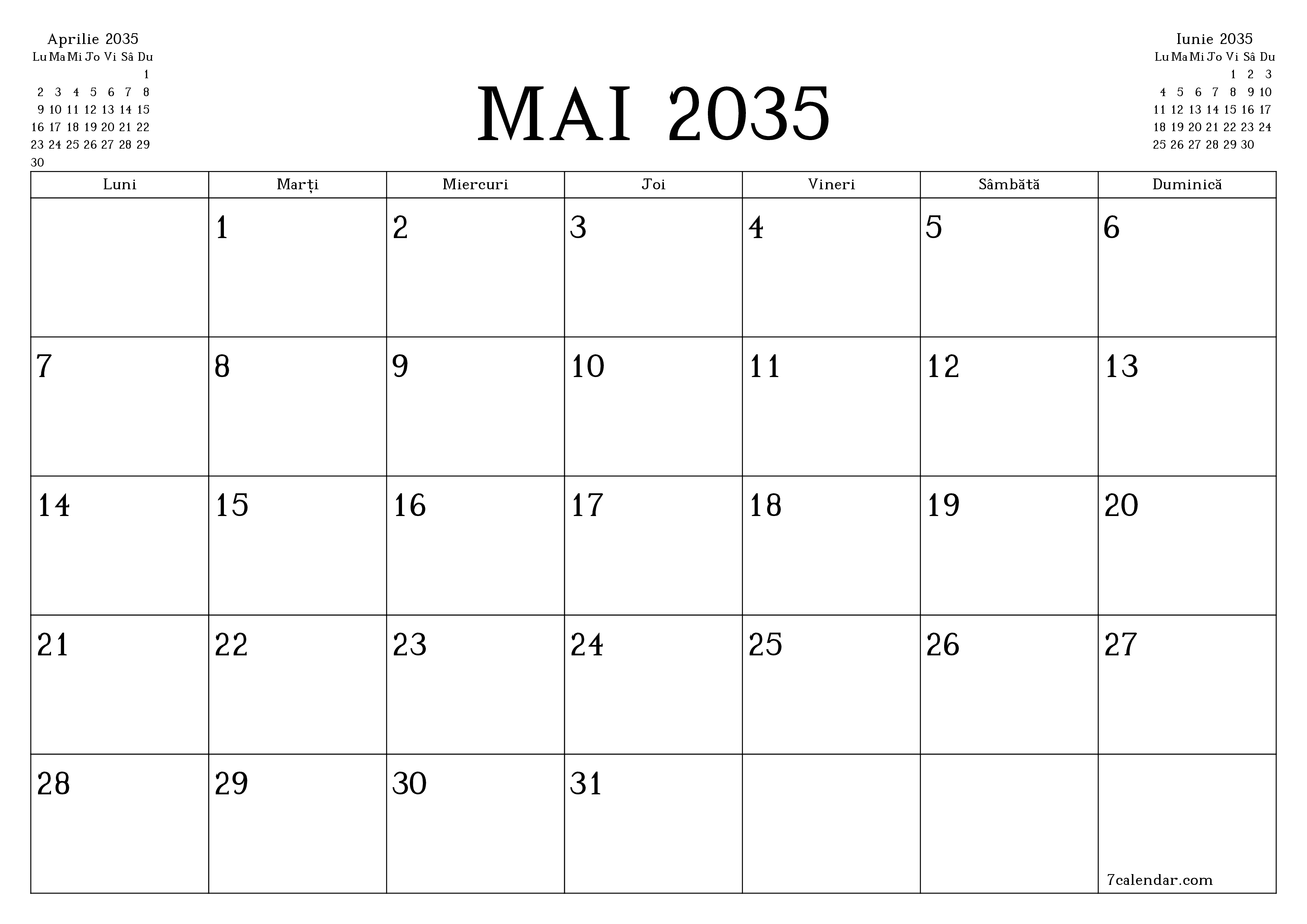 Planificator lunar gol pentru luna Mai 2035 cu note, salvați și tipăriți în PDF PNG Romanian
