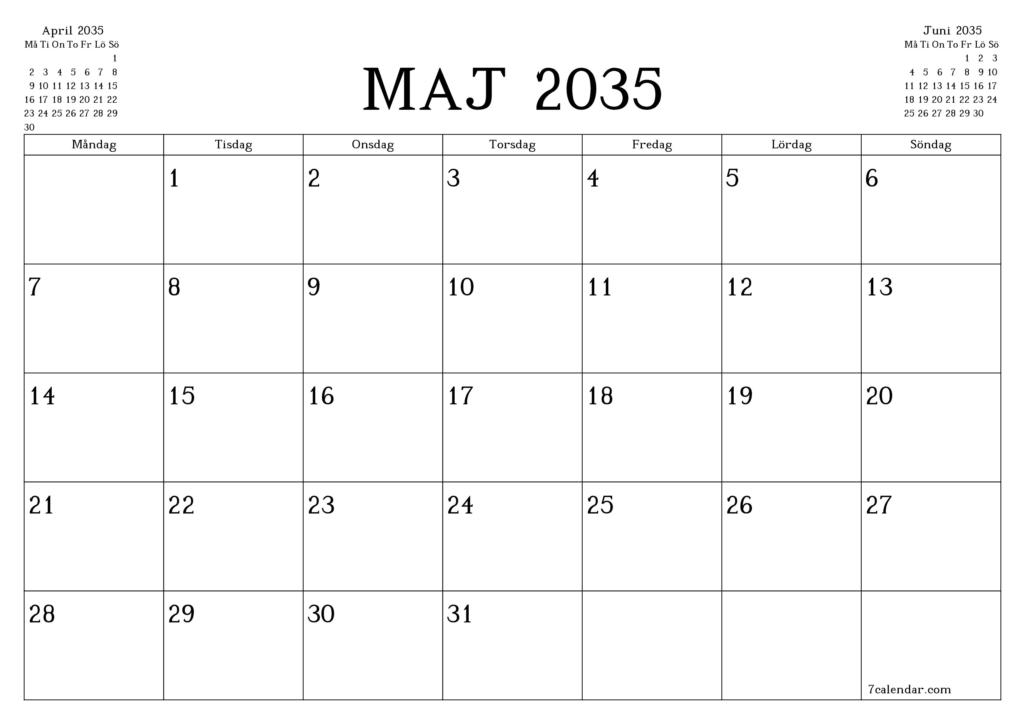Tom månadsplanerare för månad Maj 2035 med anteckningar, spara och skriv ut till PDF PNG Swedish
