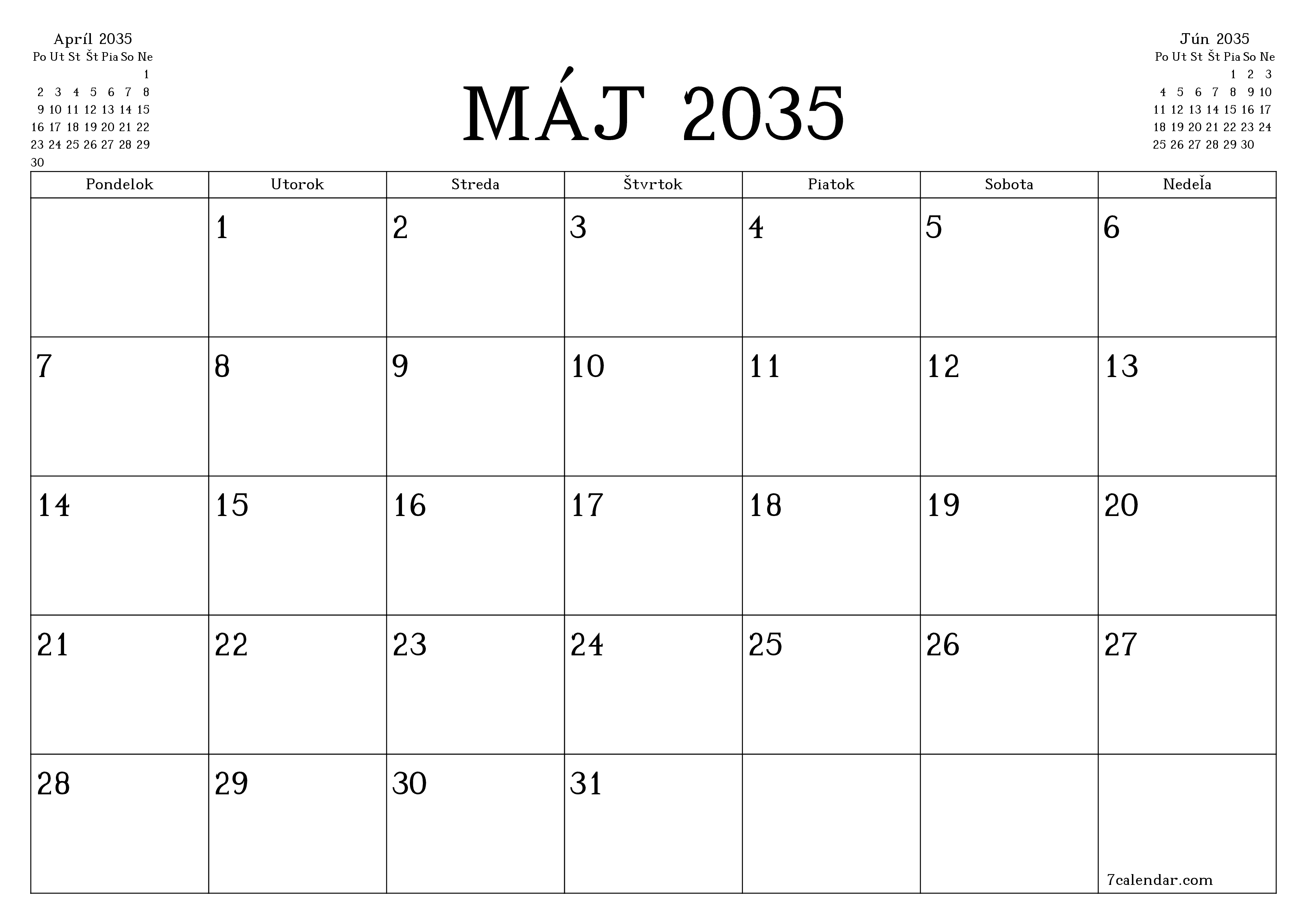 Prázdny mesačný plánovač na mesiac Máj 2035 s poznámkami, uloženie a tlač do PDF PNG Slovak
