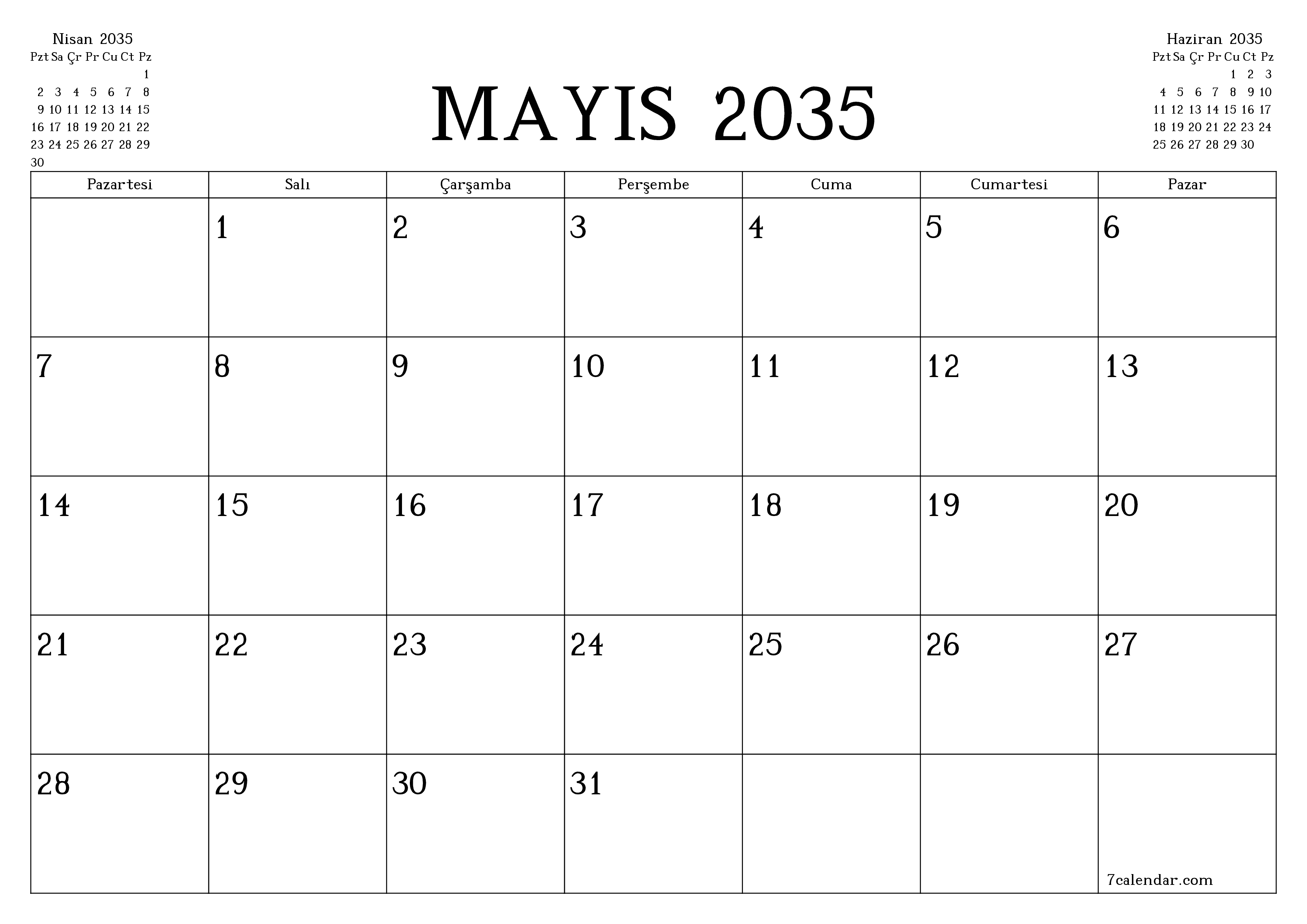 Mayıs 2035 ayı için notlarla birlikte boş aylık planlayıcı, kaydedin ve PDF'ye yazdırın PNG Turkish