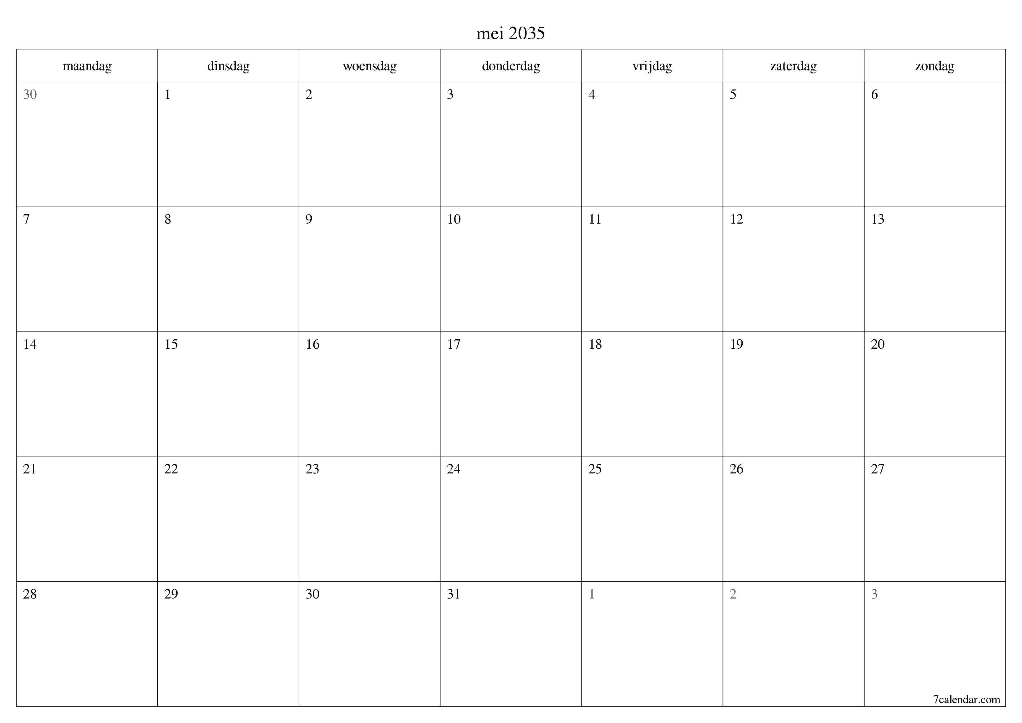 Lege maandplanner voor maand mei 2035 met notities, opslaan en afdrukken naar pdf PNG Dutch