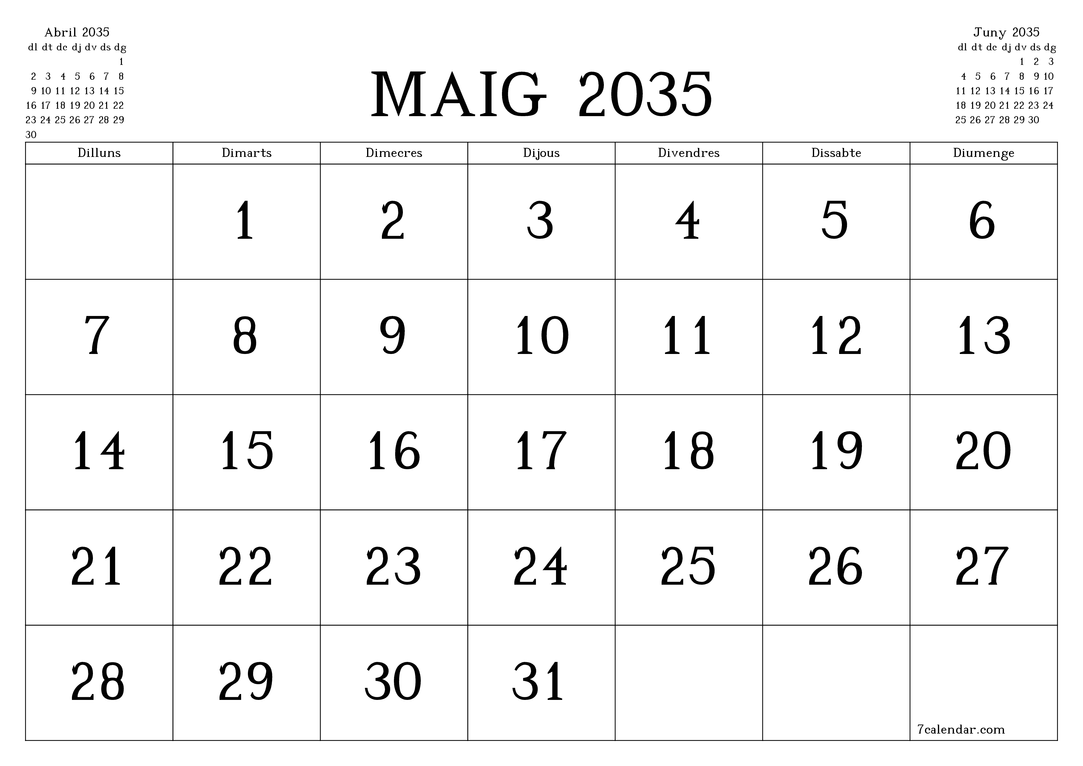 Planificador mensual buit del mes Maig 2035 amb notes, deseu-lo i imprimiu-lo en format PDF PNG Catalan