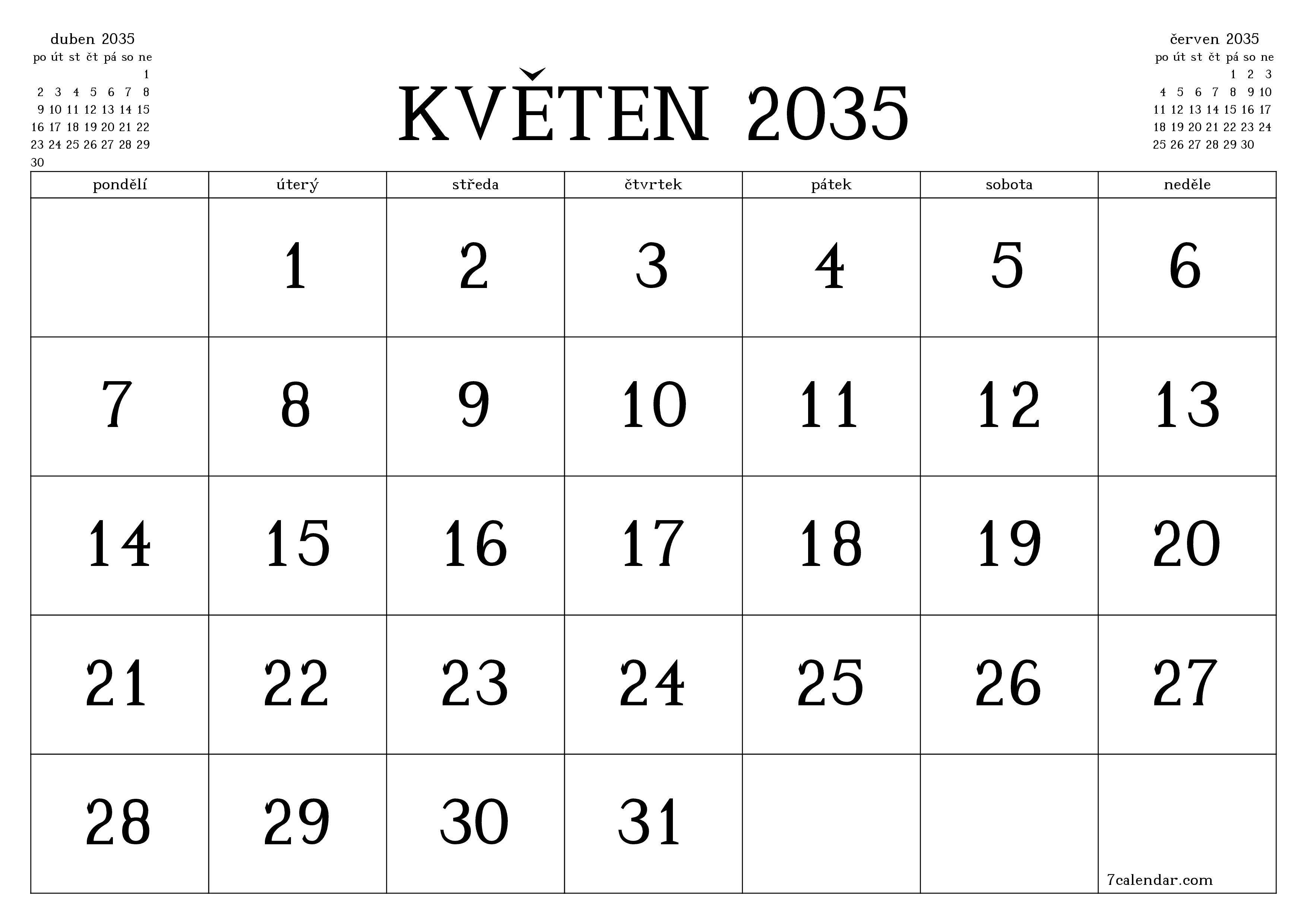 Vyprázdnit měsíční plánovač na měsíc květen 2035 s poznámkami, uložit a vytisknout do PDF PNG Czech