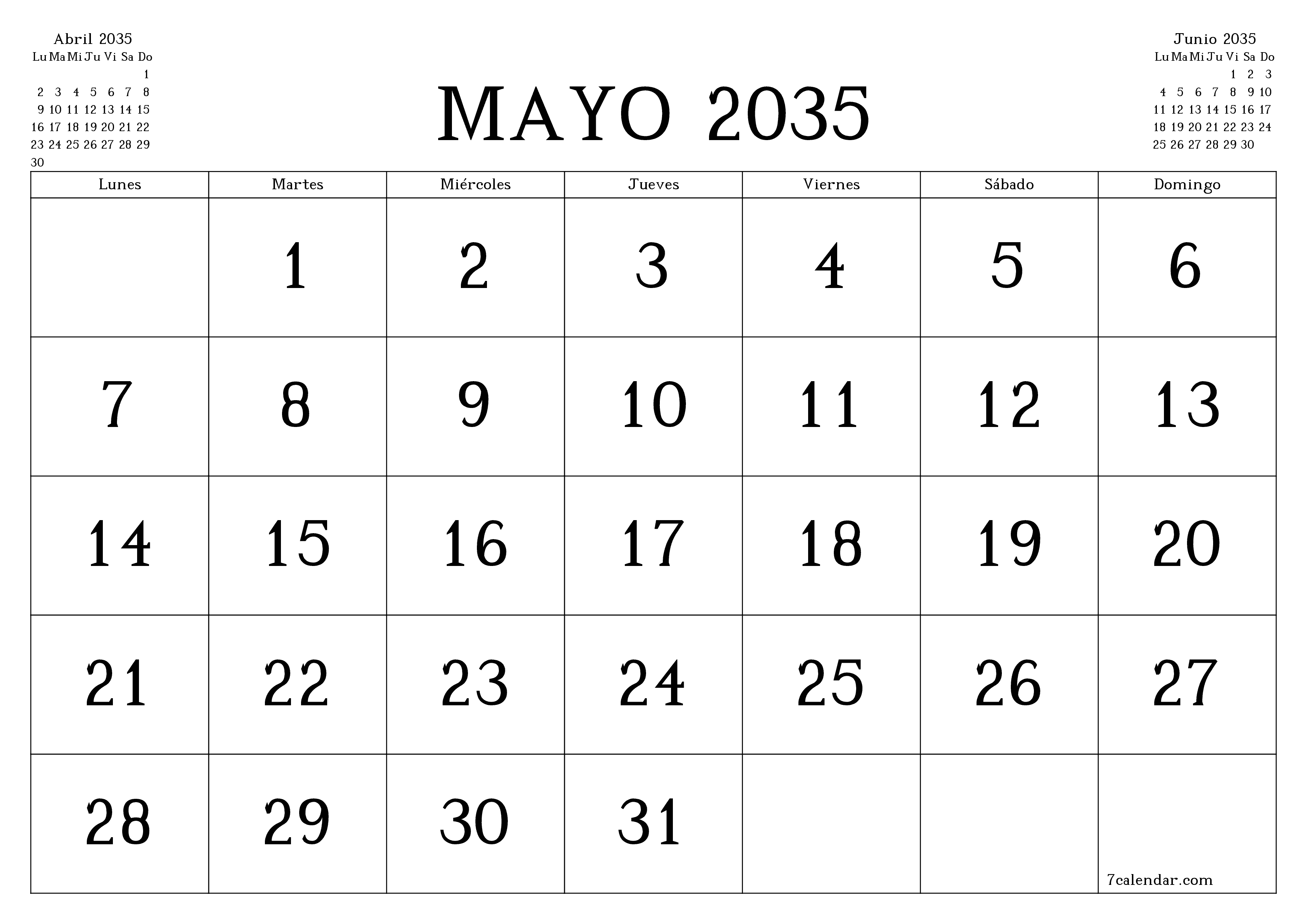 Planificador mensual vacío para el mes Mayo 2035 con notas, guardar e imprimir en PDF PNG Spanish