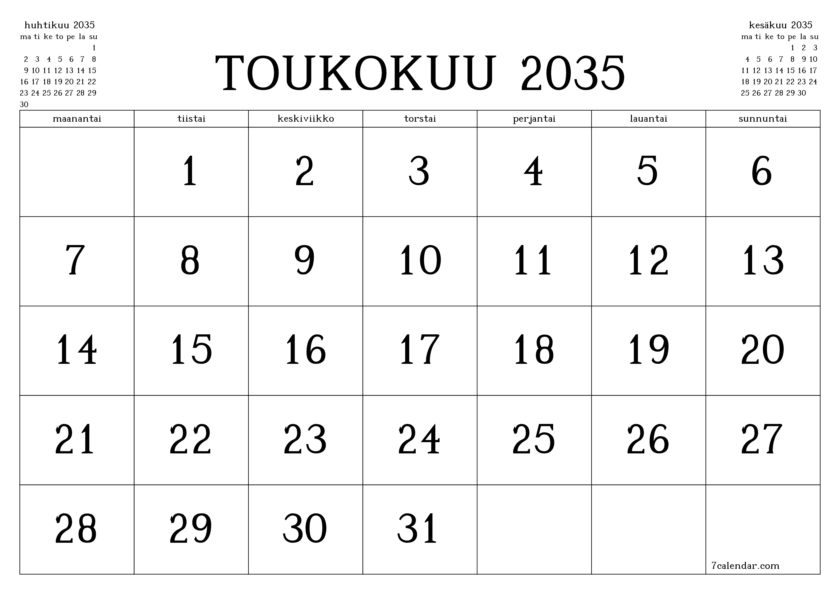 Tyhjennä kuukausittainen suunnittelija kuukaudelle Toukokuu 2035 muistiinpanoilla, tallenna ja tulosta PDF-muotoon PNG Finnish