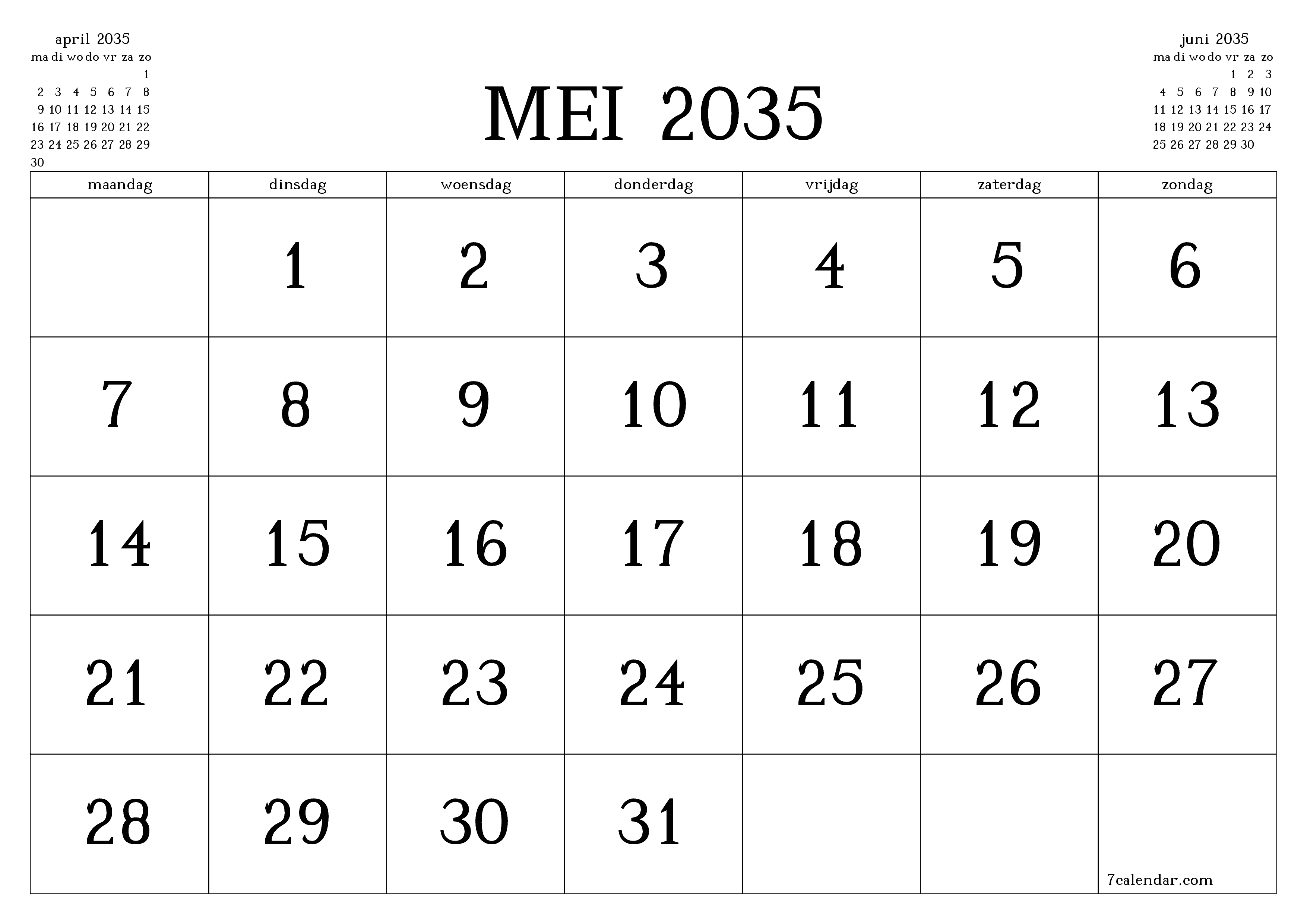 Lege maandplanner voor maand mei 2035 met notities, opslaan en afdrukken naar pdf PNG Dutch