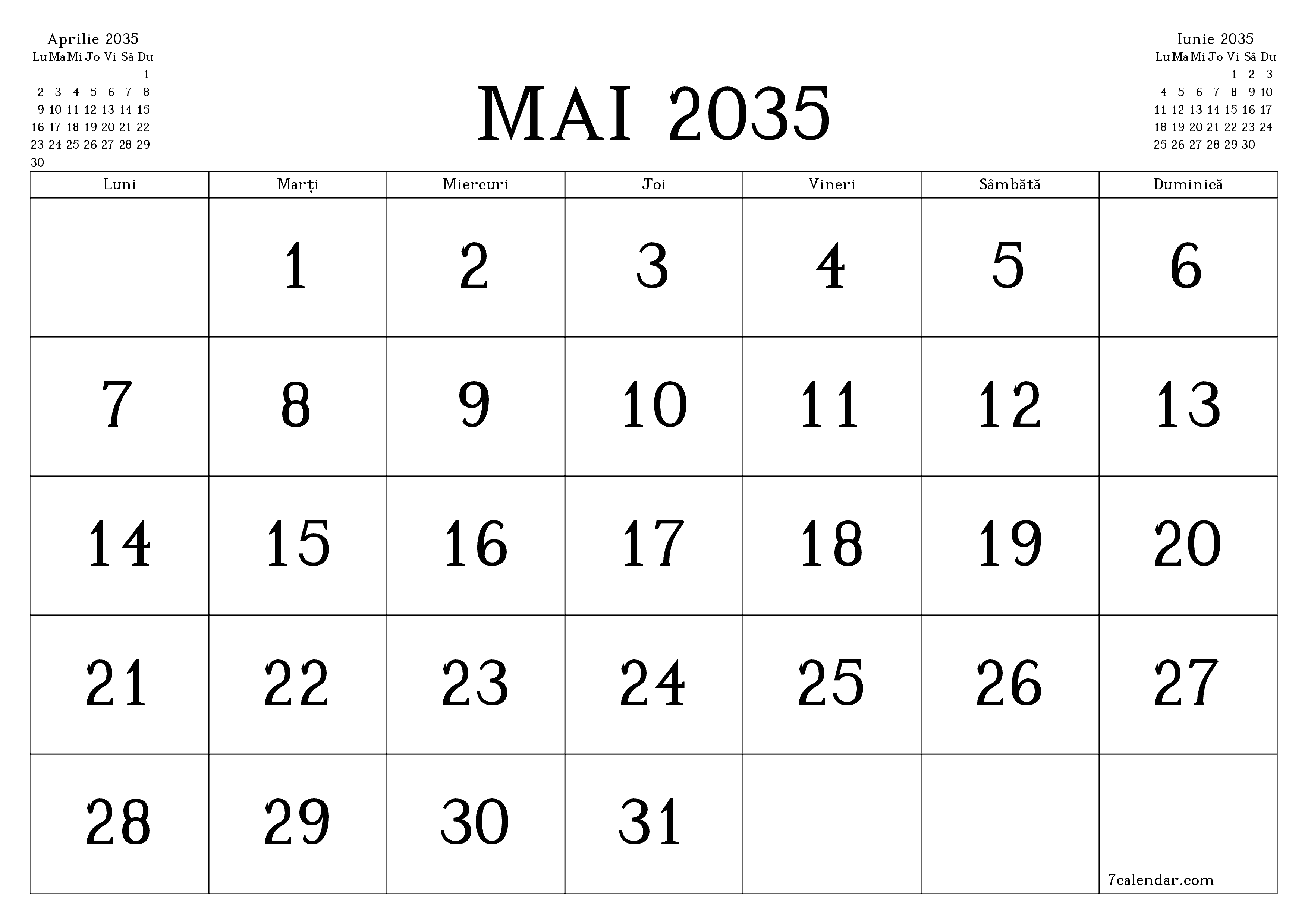 Planificator lunar gol pentru luna Mai 2035 cu note, salvați și tipăriți în PDF PNG Romanian