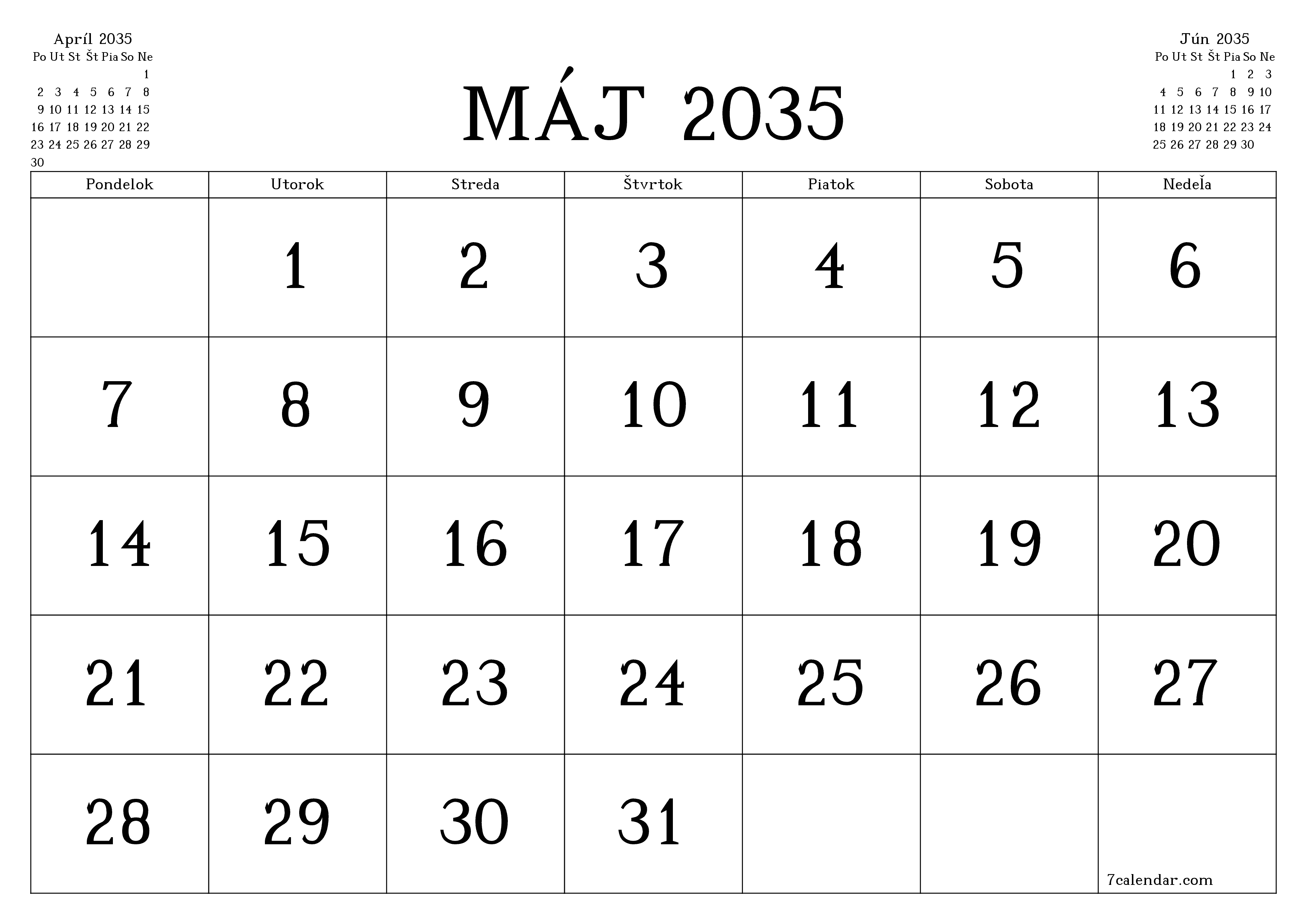 Prázdny mesačný plánovač na mesiac Máj 2035 s poznámkami, uloženie a tlač do PDF PNG Slovak