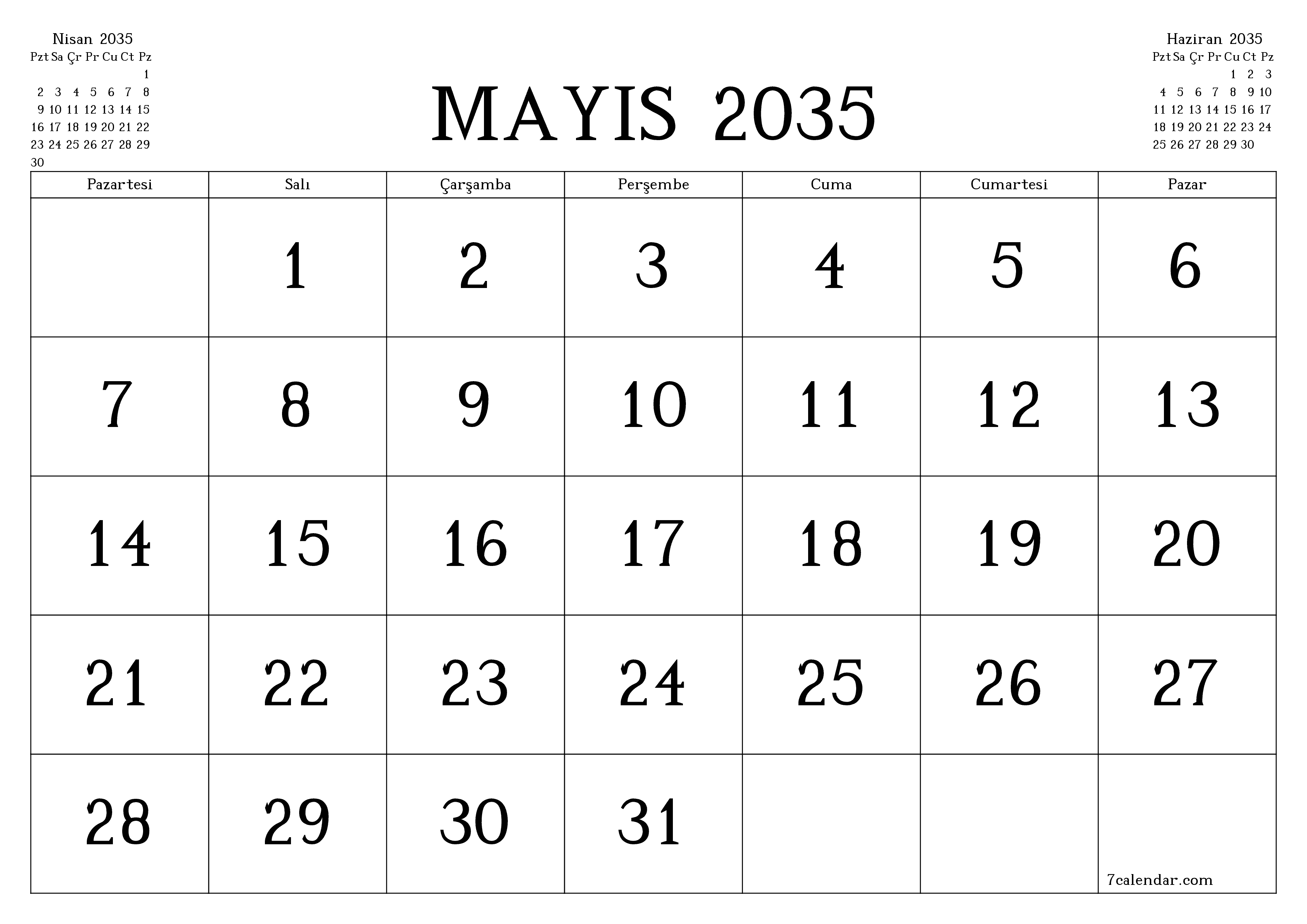 Mayıs 2035 ayı için notlarla birlikte boş aylık planlayıcı, kaydedin ve PDF'ye yazdırın PNG Turkish
