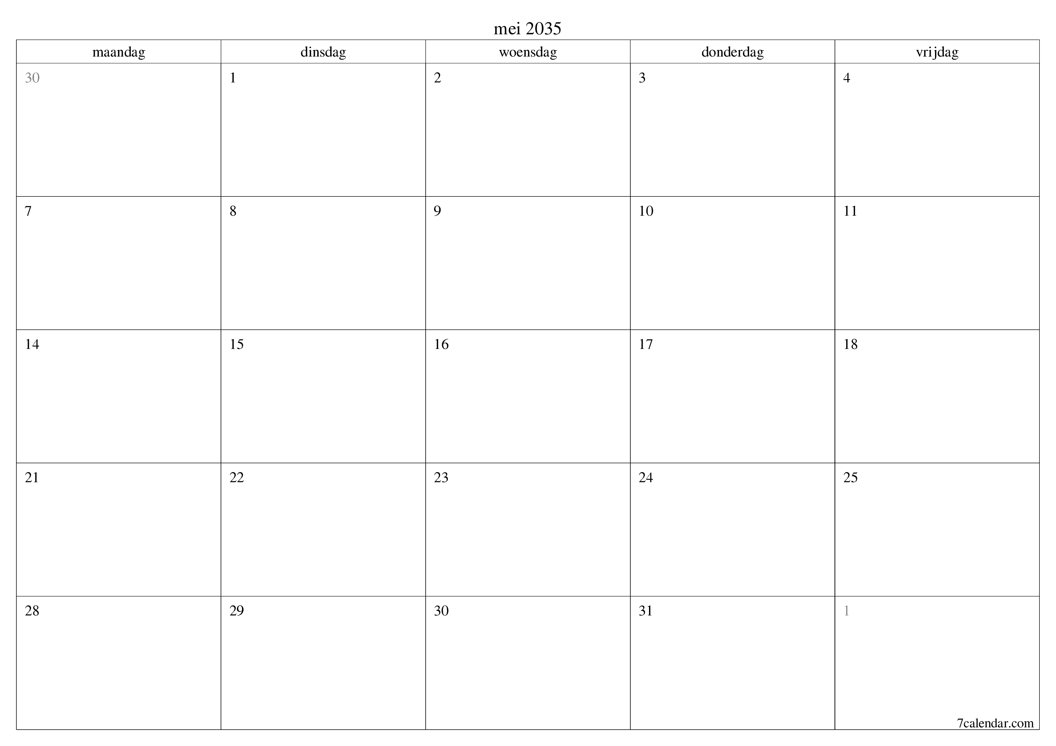 Lege maandplanner voor maand mei 2035 met notities, opslaan en afdrukken naar pdf PNG Dutch