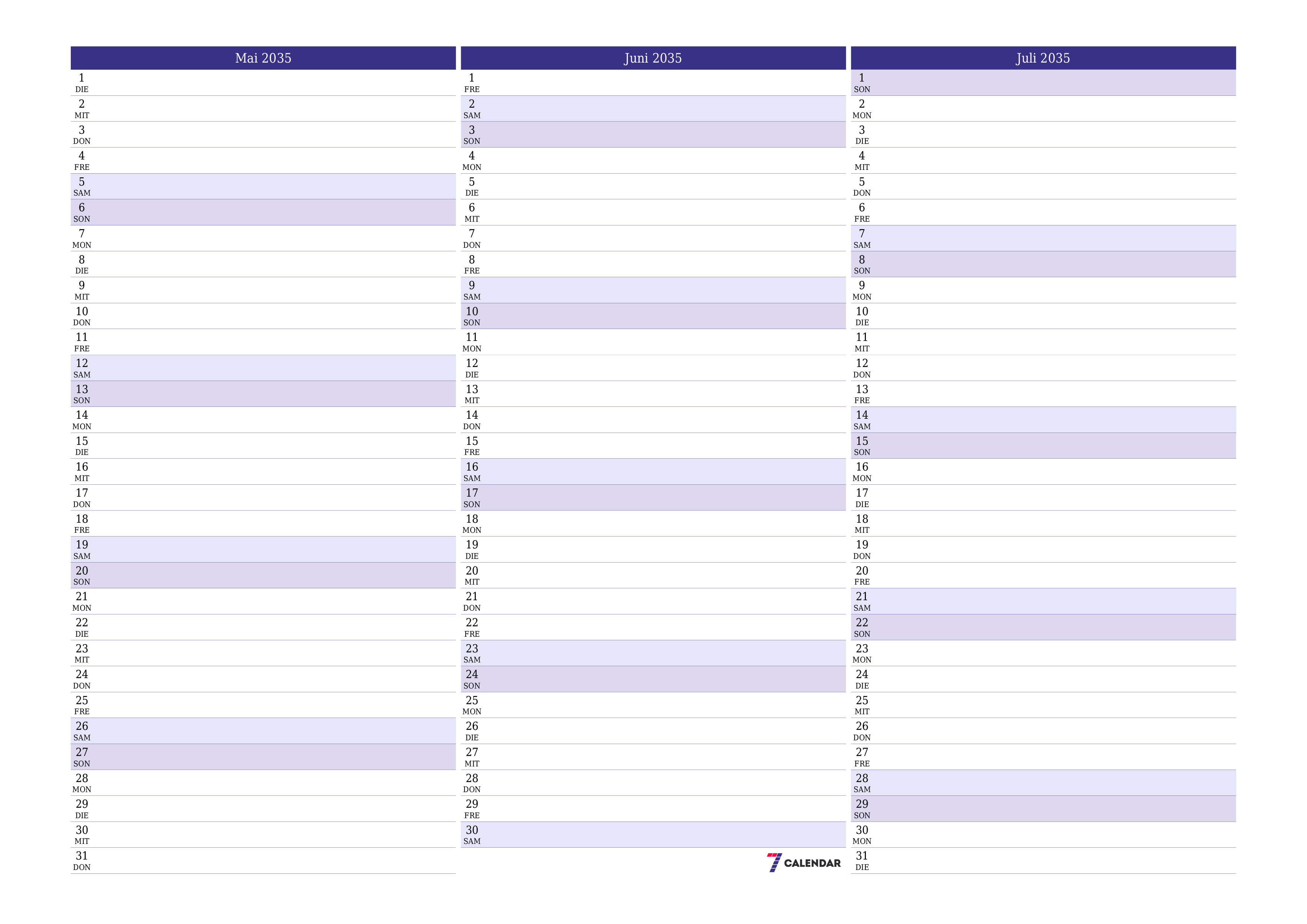 Monatsplaner für Monat Mai 2035 mit Notizen leeren, speichern und als PDF PNG German - 7calendar.com drucken
