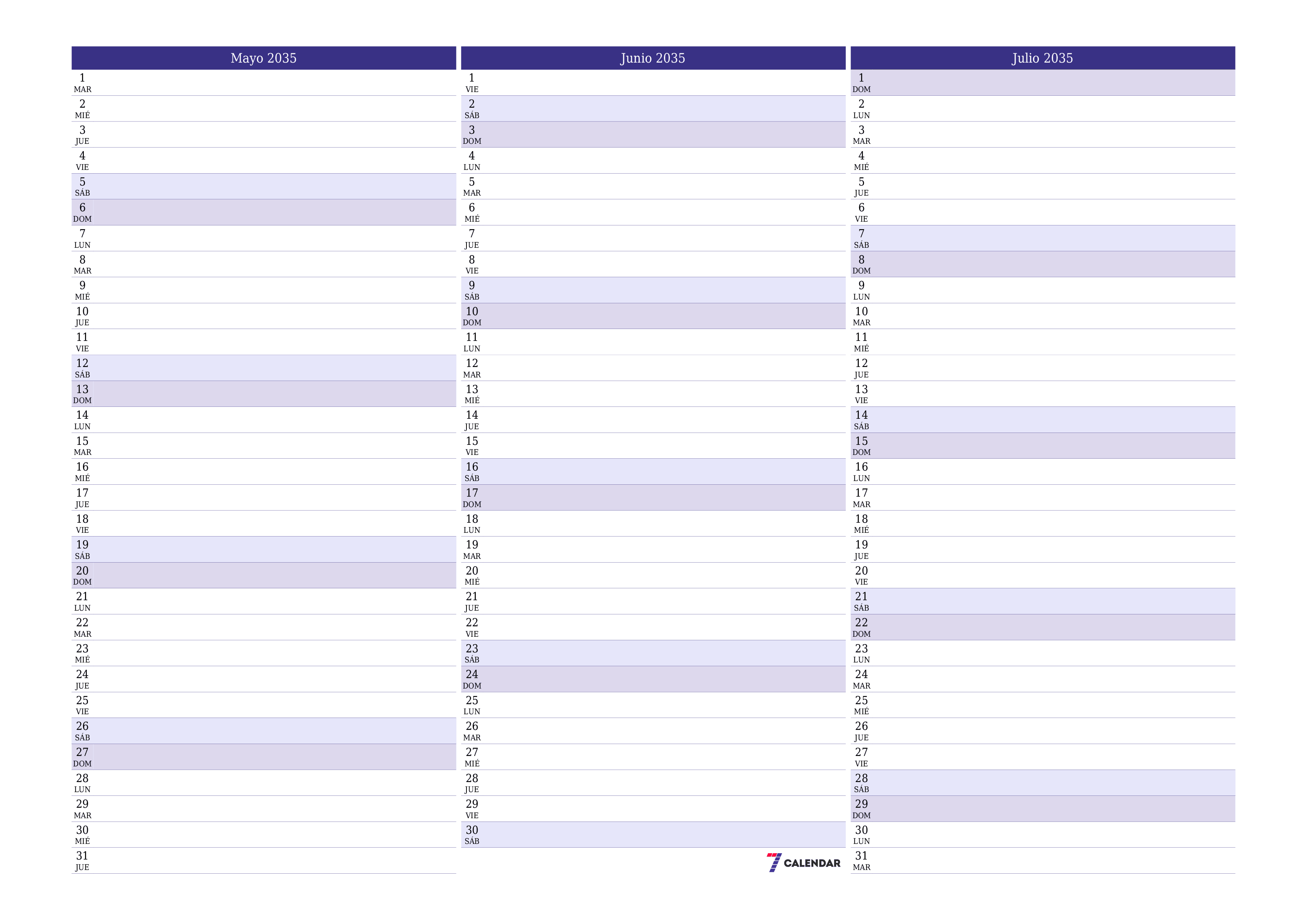 Planificador mensual vacío para el mes Mayo 2035 con notas, guardar e imprimir en PDF PNG Spanish