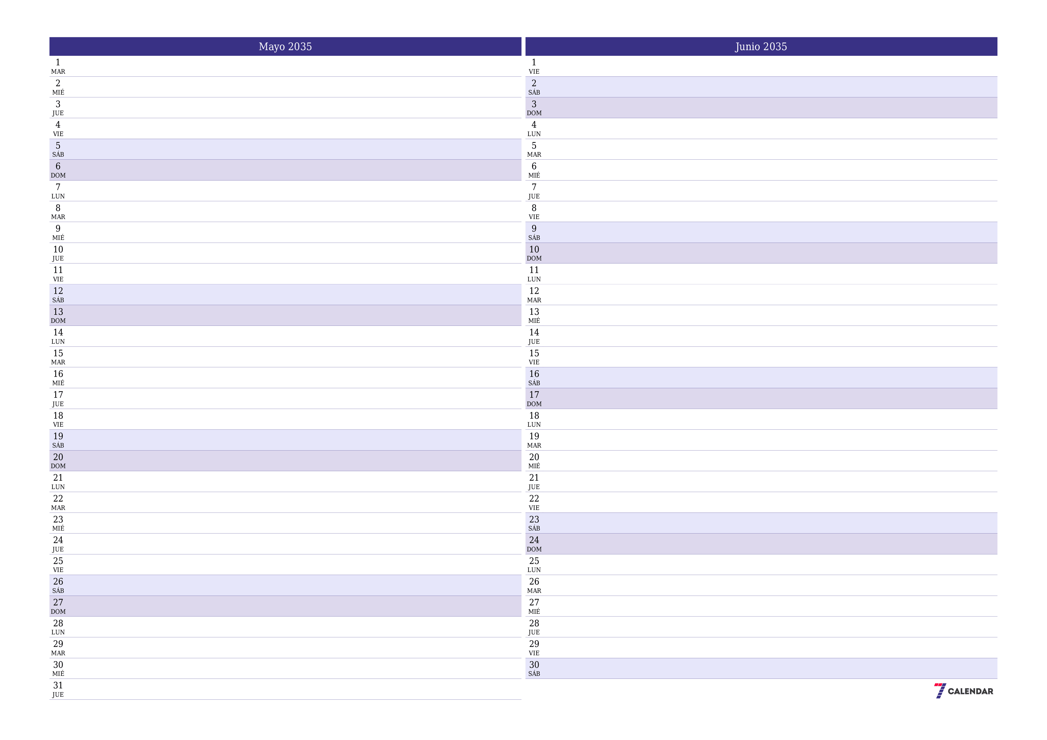 Planificador mensual vacío para el mes Mayo 2035 con notas, guardar e imprimir en PDF PNG Spanish