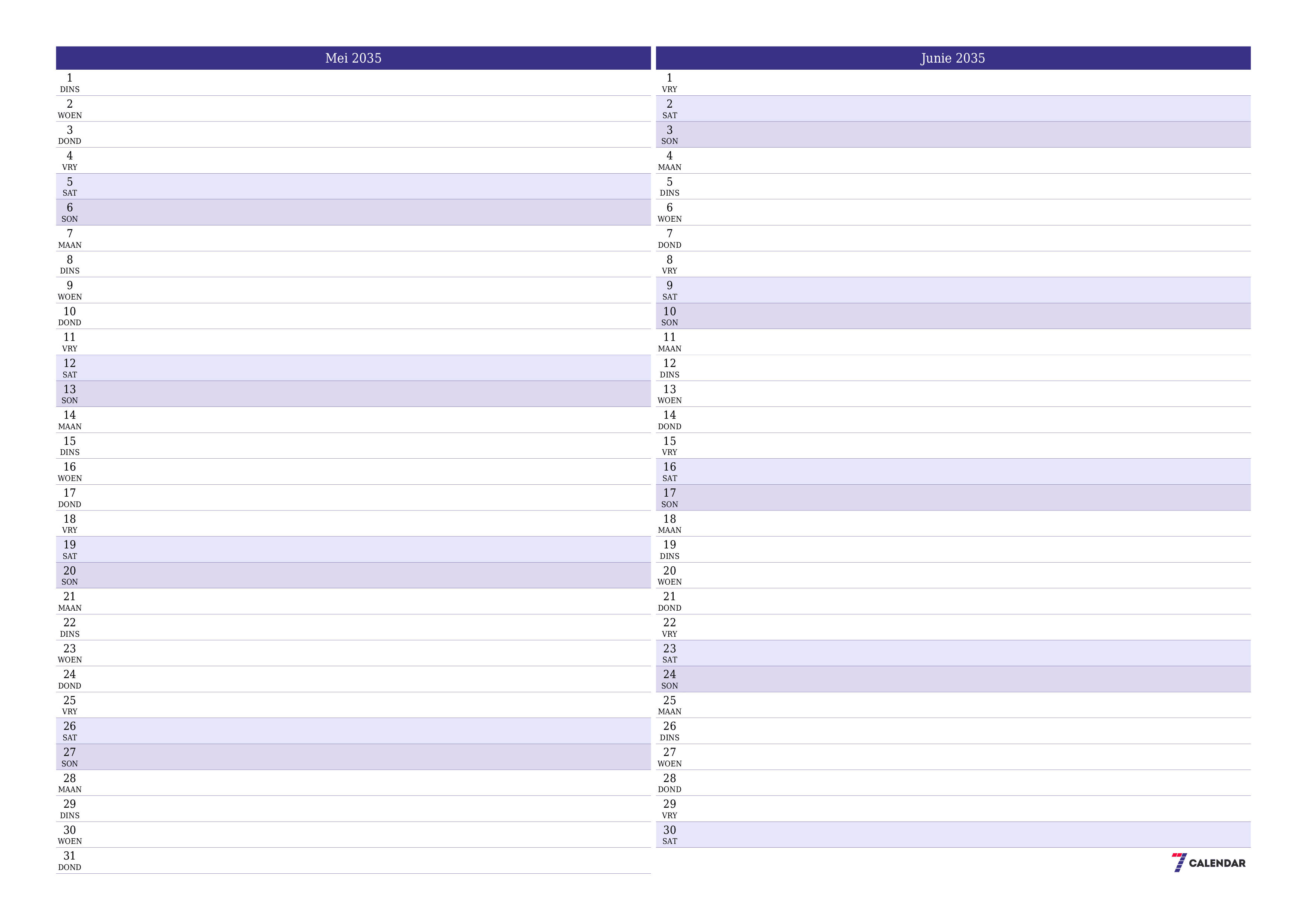 Leë maandelikse drukbare kalender en beplanner vir maand Mei 2035 met notas stoor en druk na PDF PNG Afrikaans