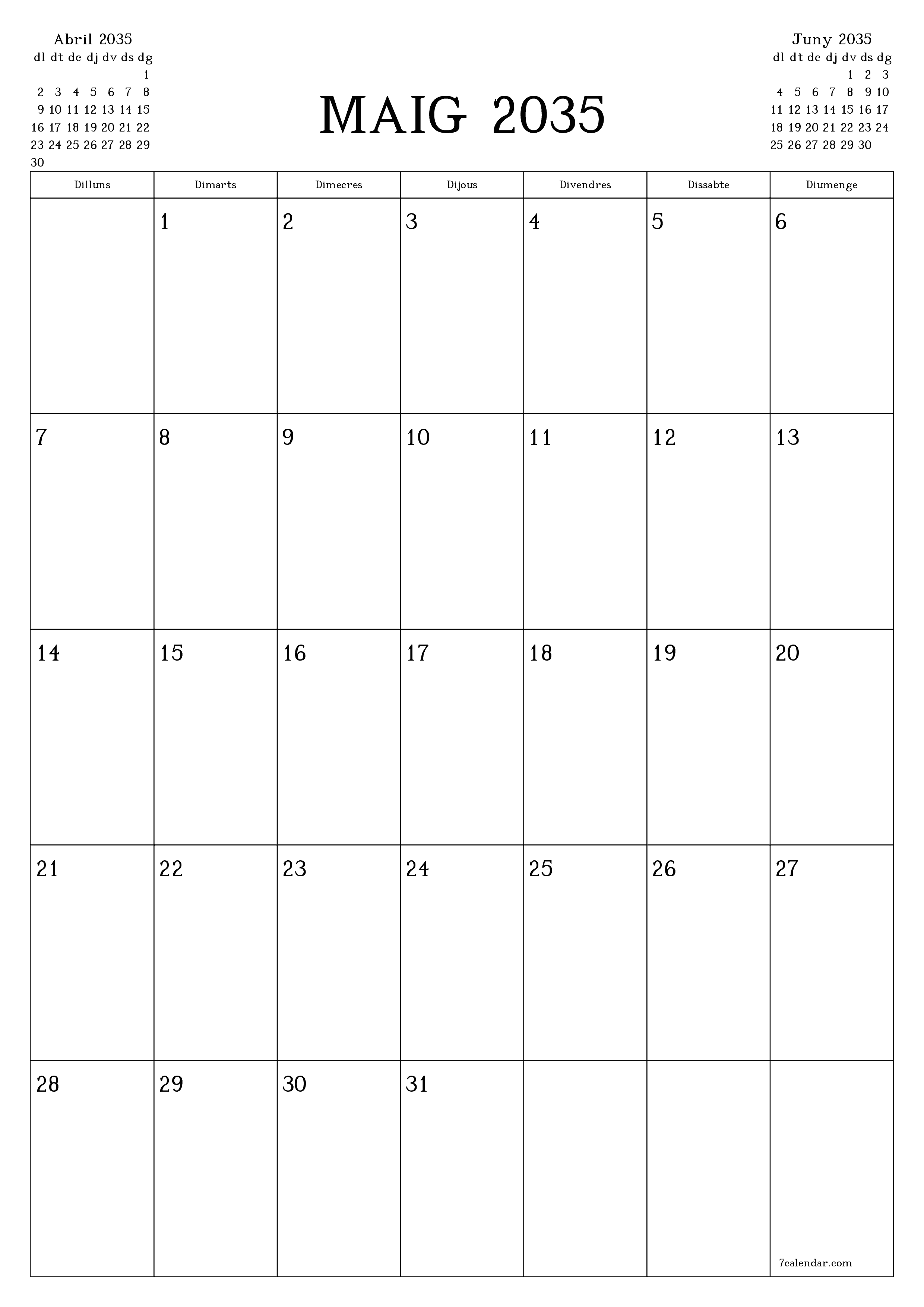  imprimible de paret plantilla de gratuïtvertical Mensual planificador calendari Maig (Mai) 2035