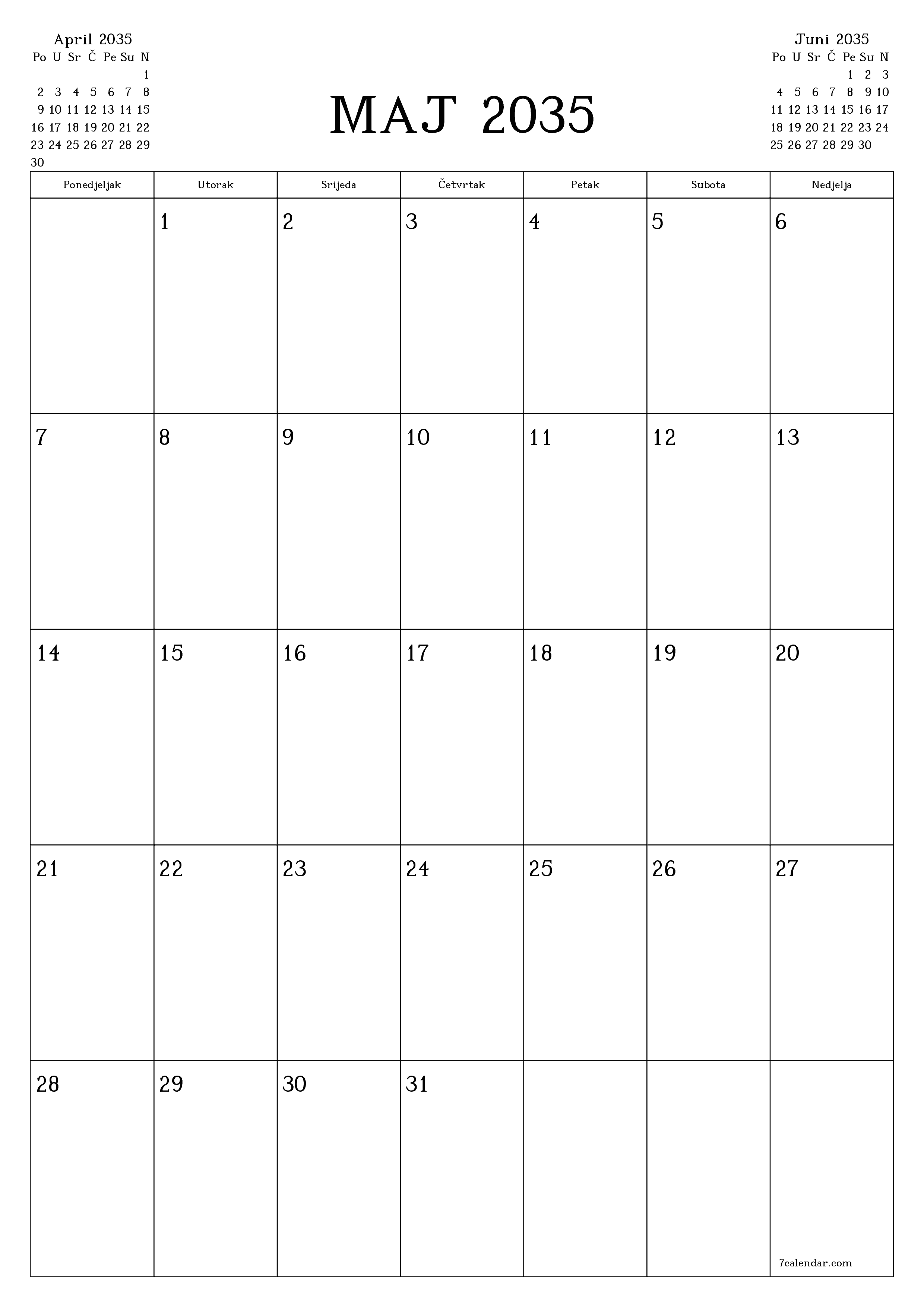  za štampanje zidni šablon a besplatni vertikalno Mjesečno planer kalendar Maj (Maj) 2035
