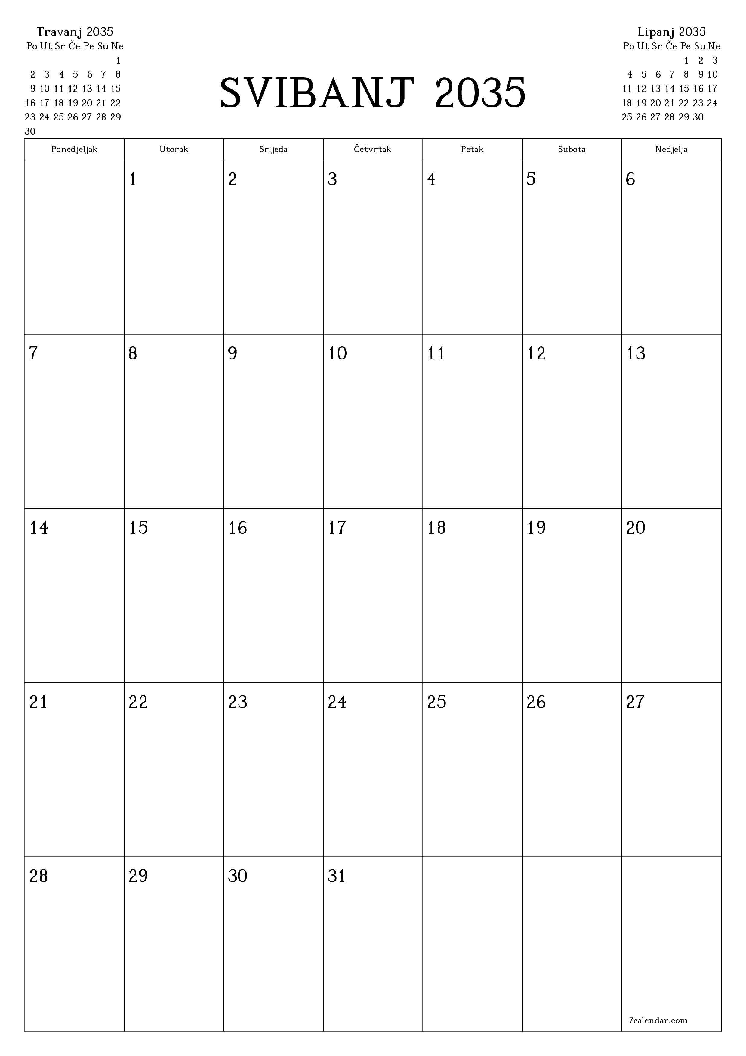  za ispis zidni predložak a besplatni okomito Mjesečni planer kalendar Svibanj (Svi) 2035