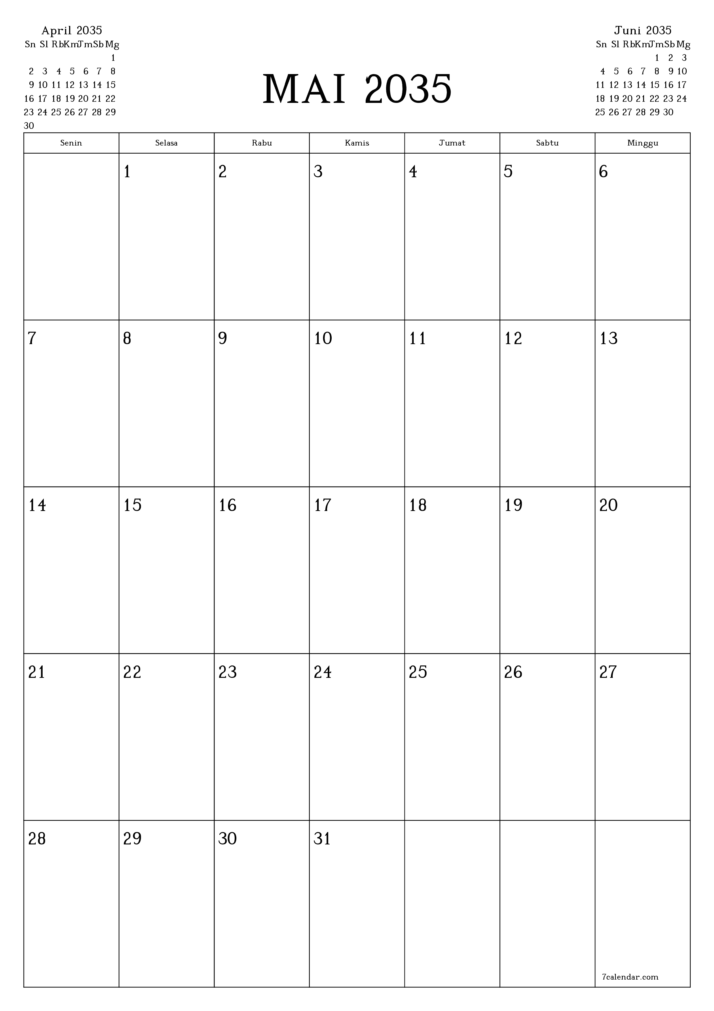  yang dapat dicetak dinding templat gratisvertikal Bulanan perencana kalender Mai (Mai) 2035