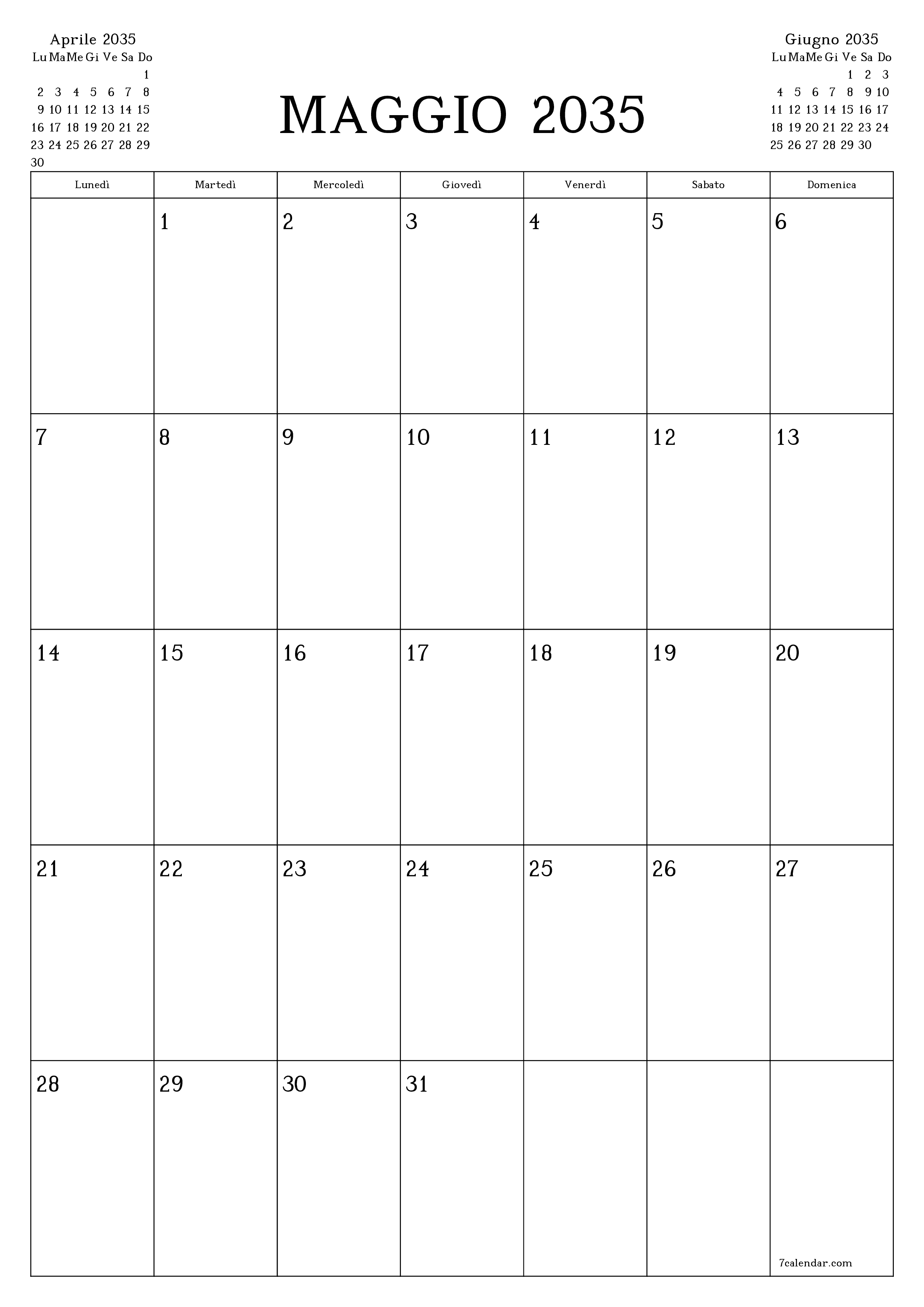  stampabile da parete modello di gratuitoverticale Mensile pianificatore calendario Maggio (Mag) 2035