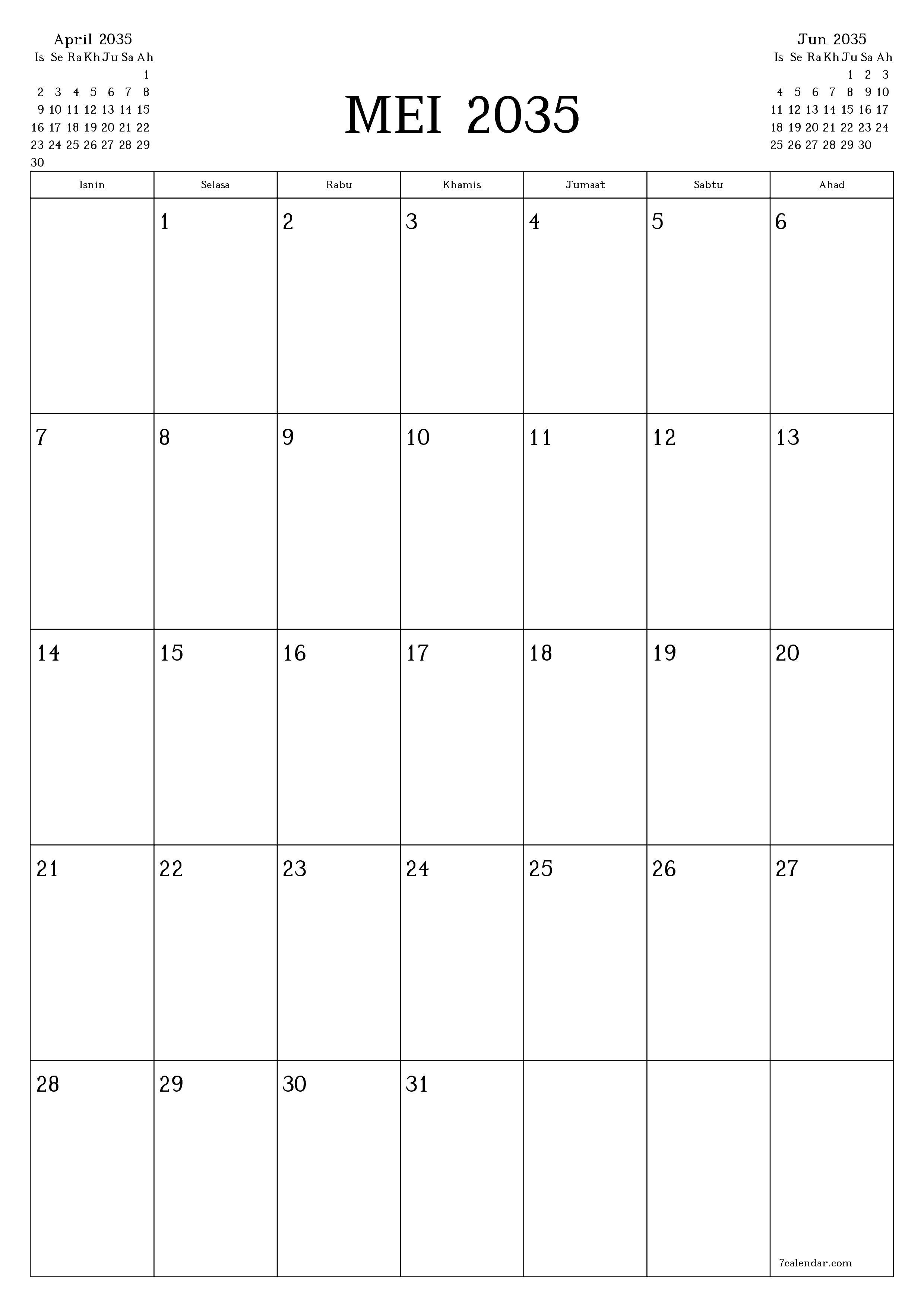  boleh cetak dinding templat percumamenegak Bulanan perancang kalendar Mei (Mei) 2035